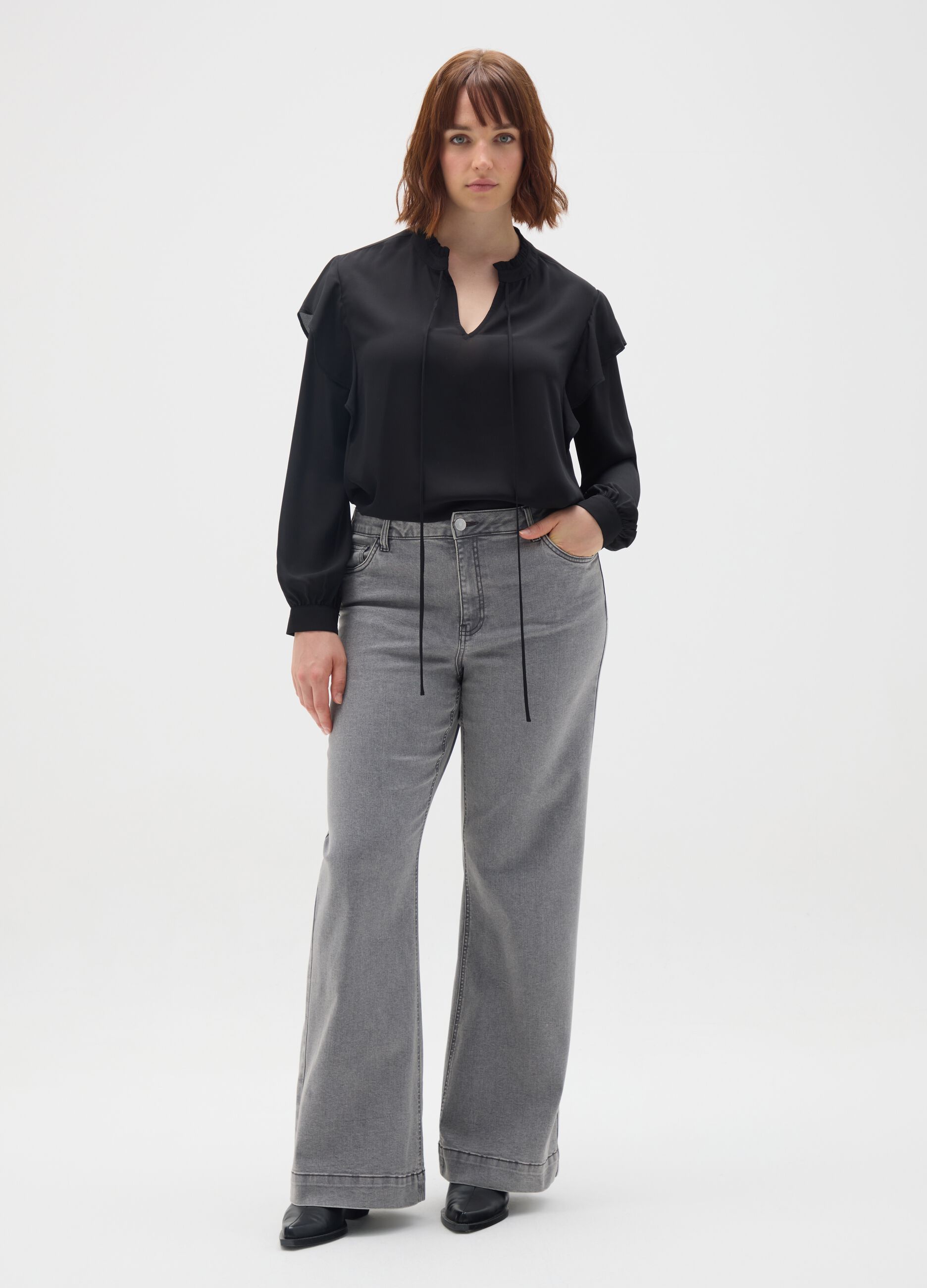 Black regular fit blouse with ruffles