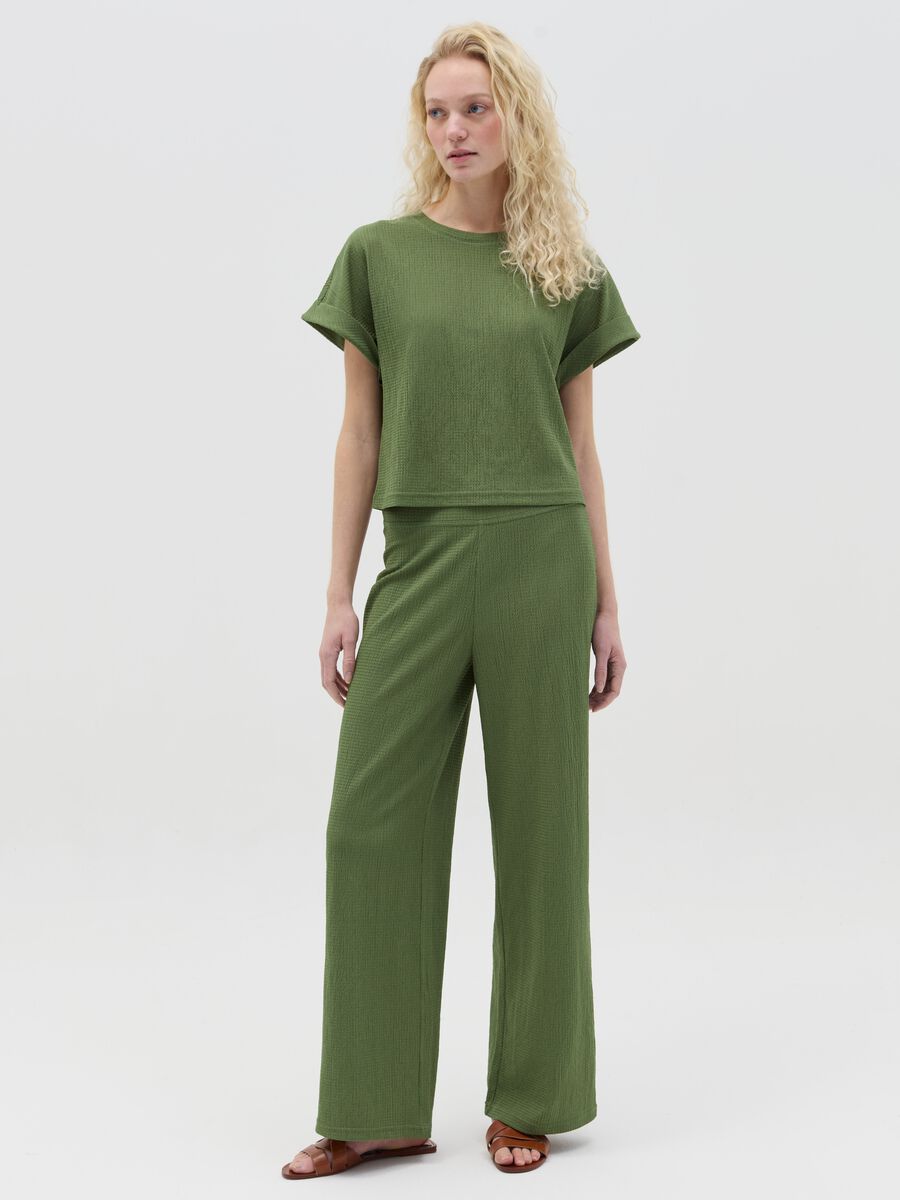 Wide-leg green trousers with waffle weave_0