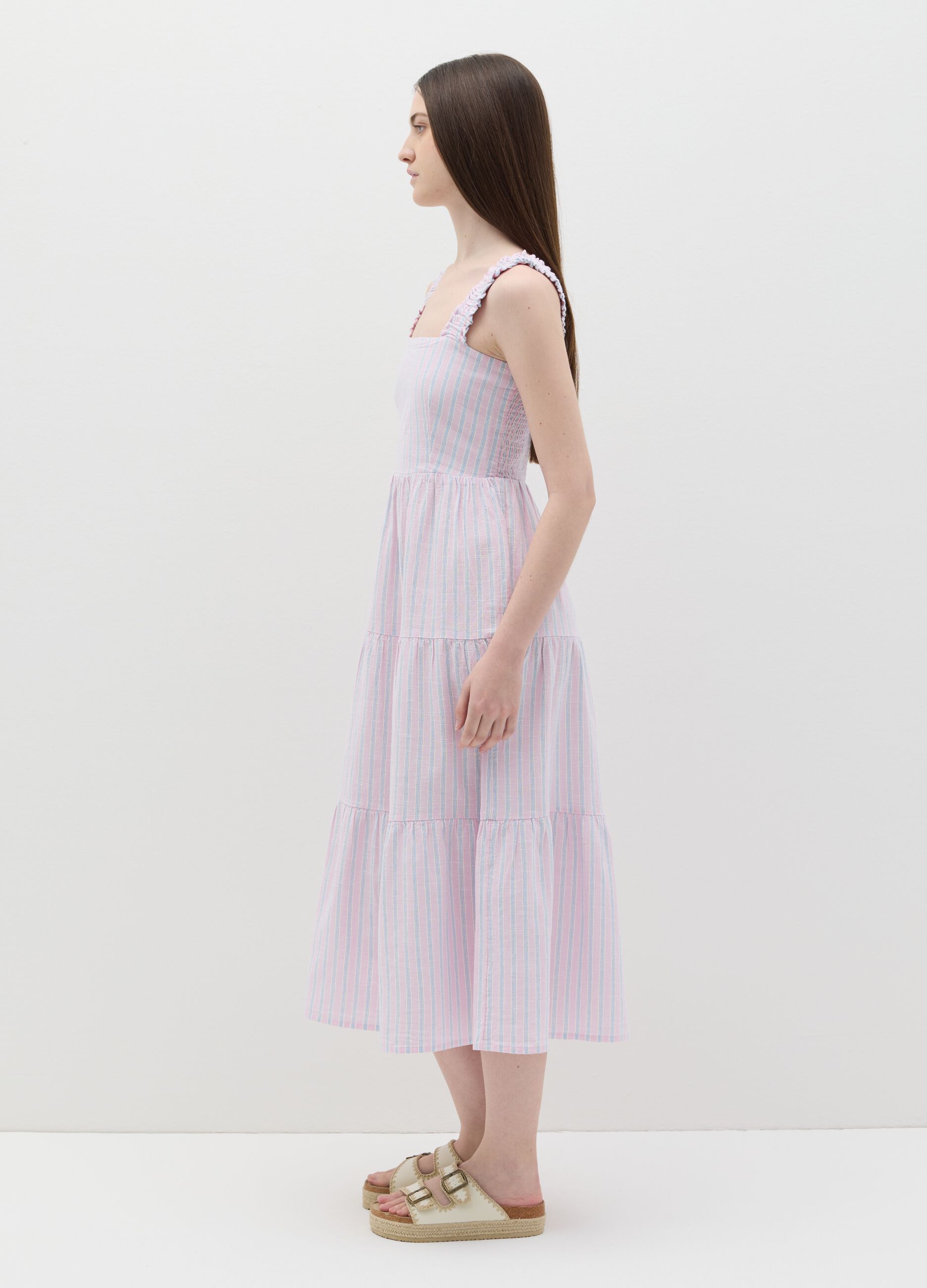 Long pink striped dress in cotton