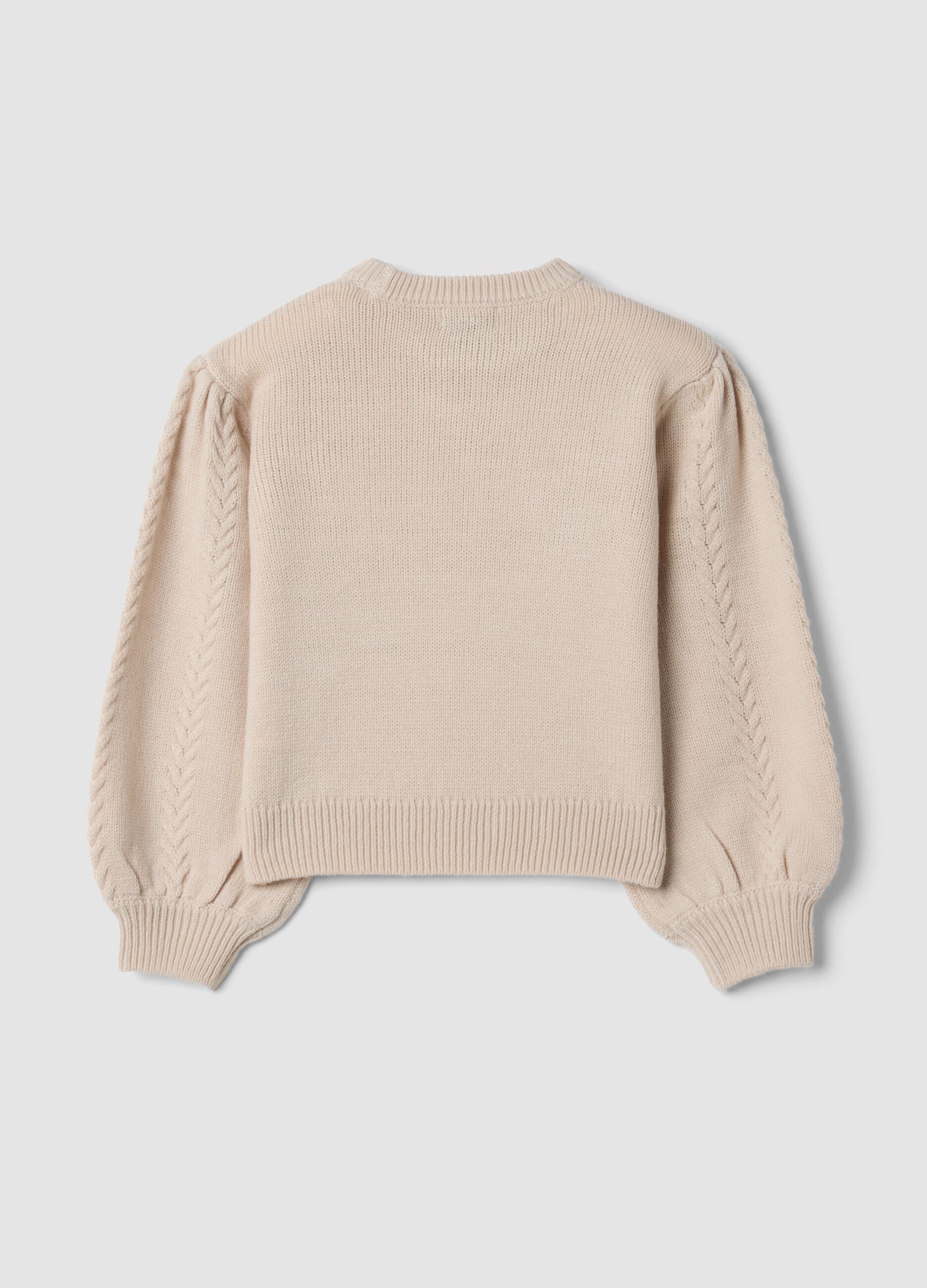 Beige crew-neck jumper with puff sleeves, regular fit