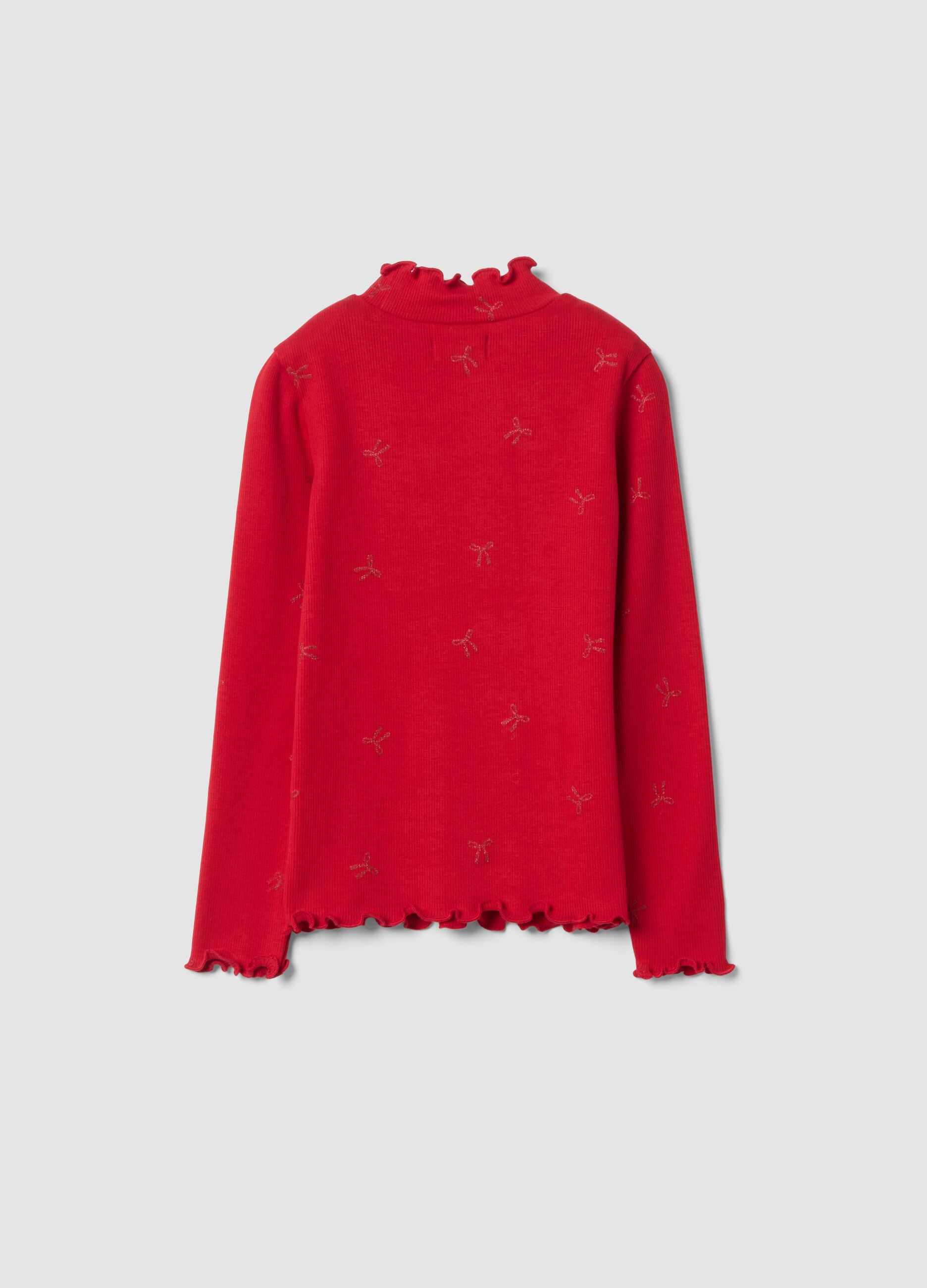 Maglia rossa in cotone elasticizzato con fiocchi glitter