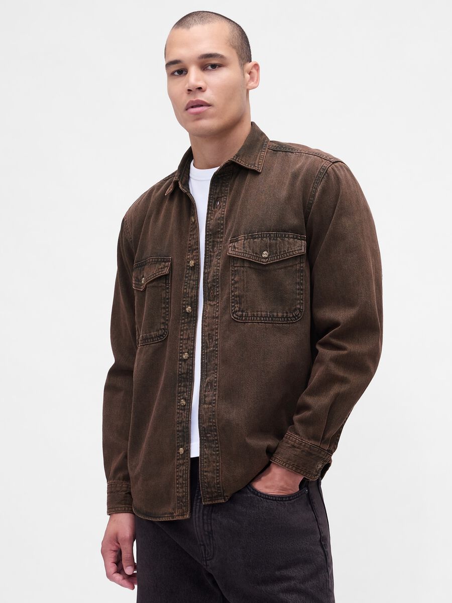 Brown long sleeve cotton shirt_0