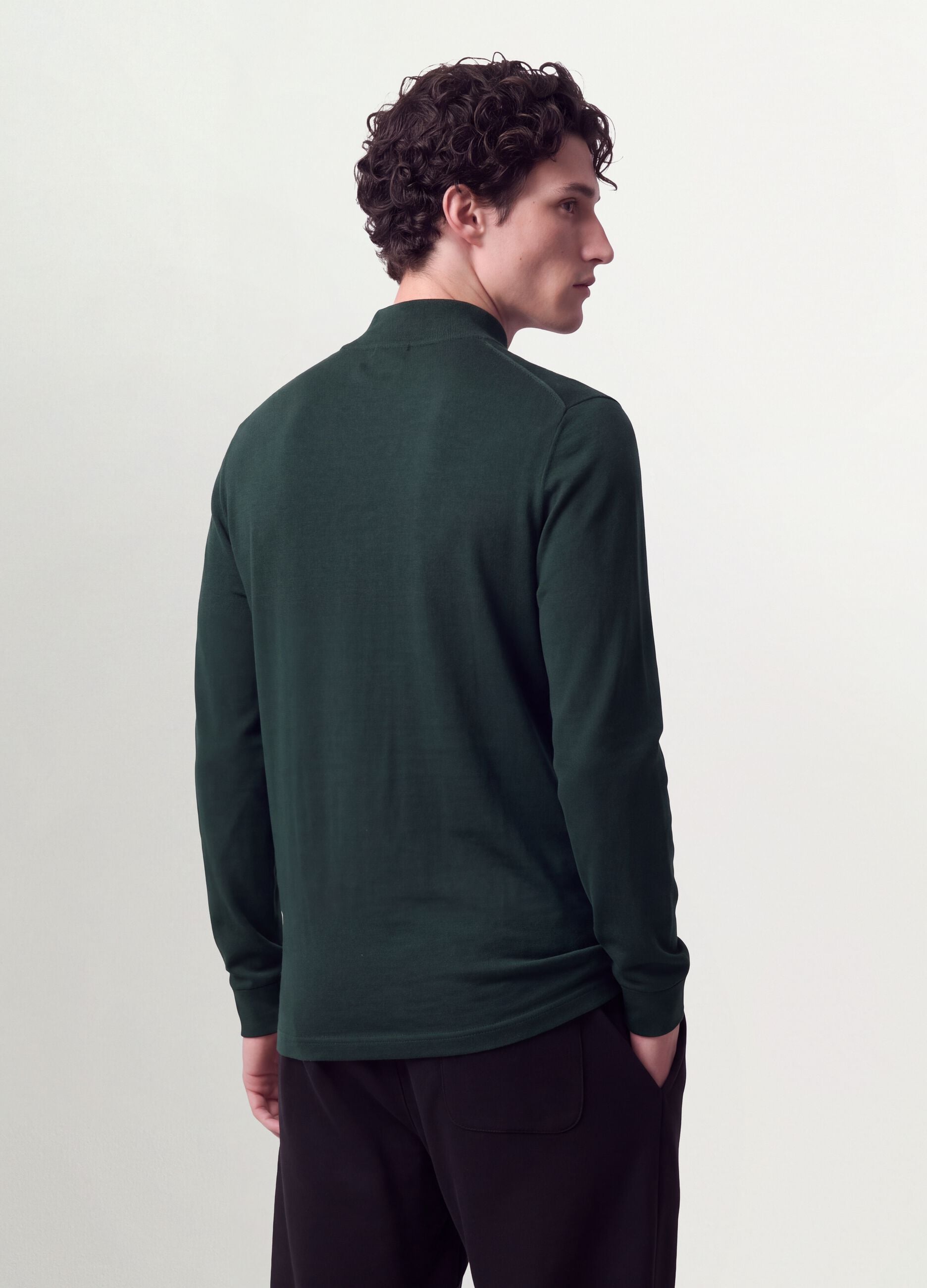 Green pure cotton T-shirt with structured stand-up collar, regular fit