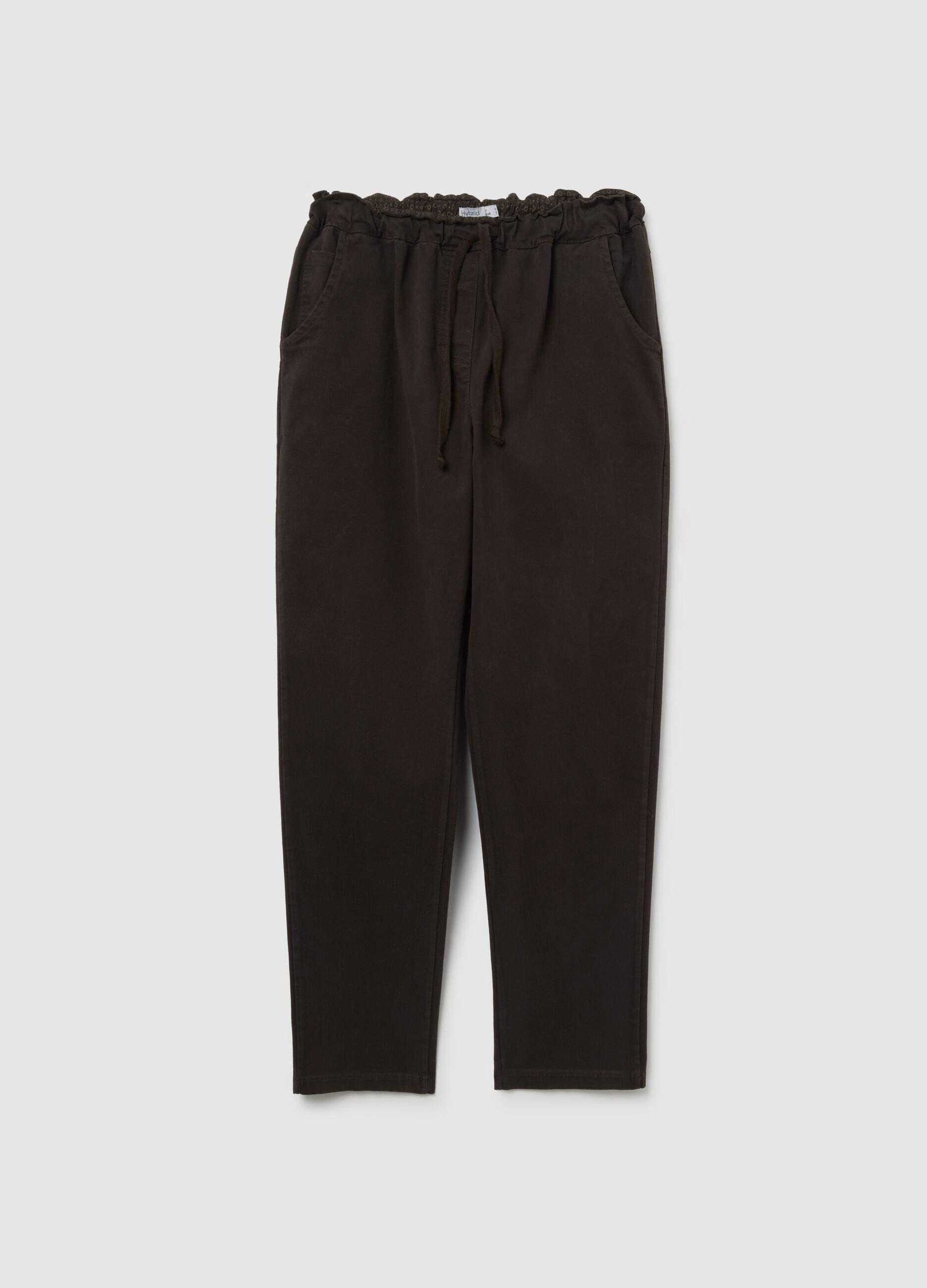 Brown trousers with elasticated waist and drawstring