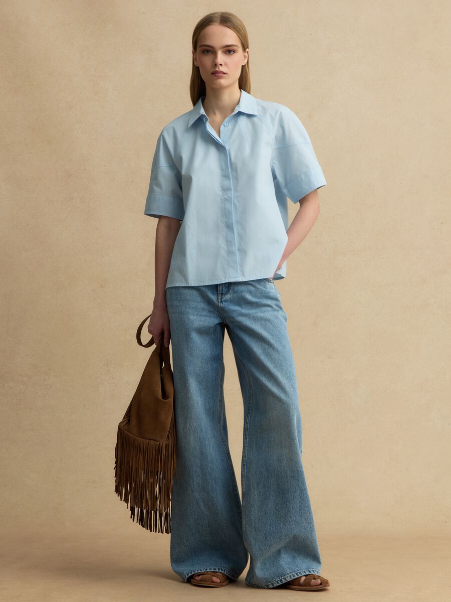 Camicia a maniche corte in puro cotone azzurra regular fit_1