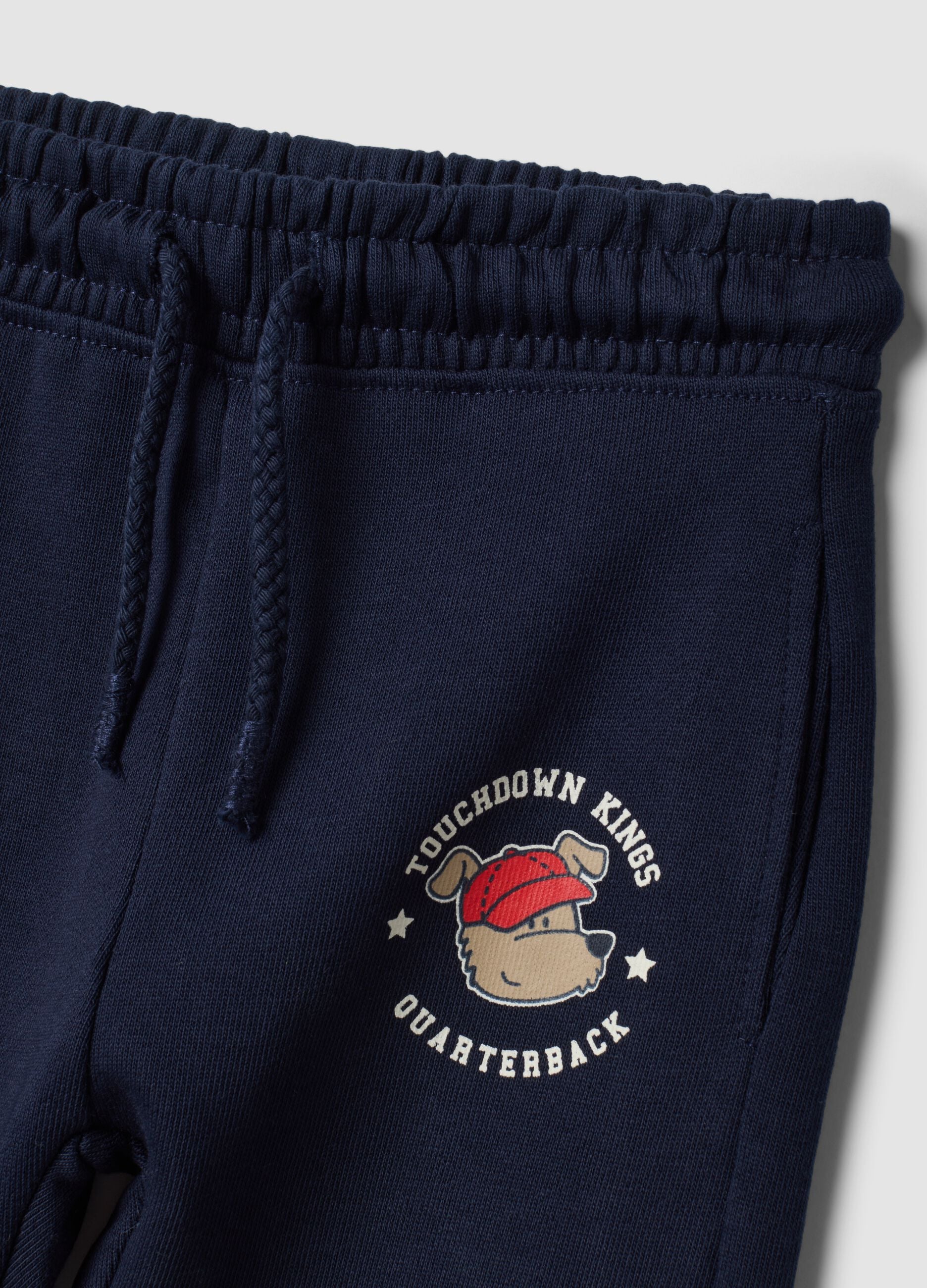 Pantaloni jogger blu in puro cotone con stampa cagnolino per bimbo