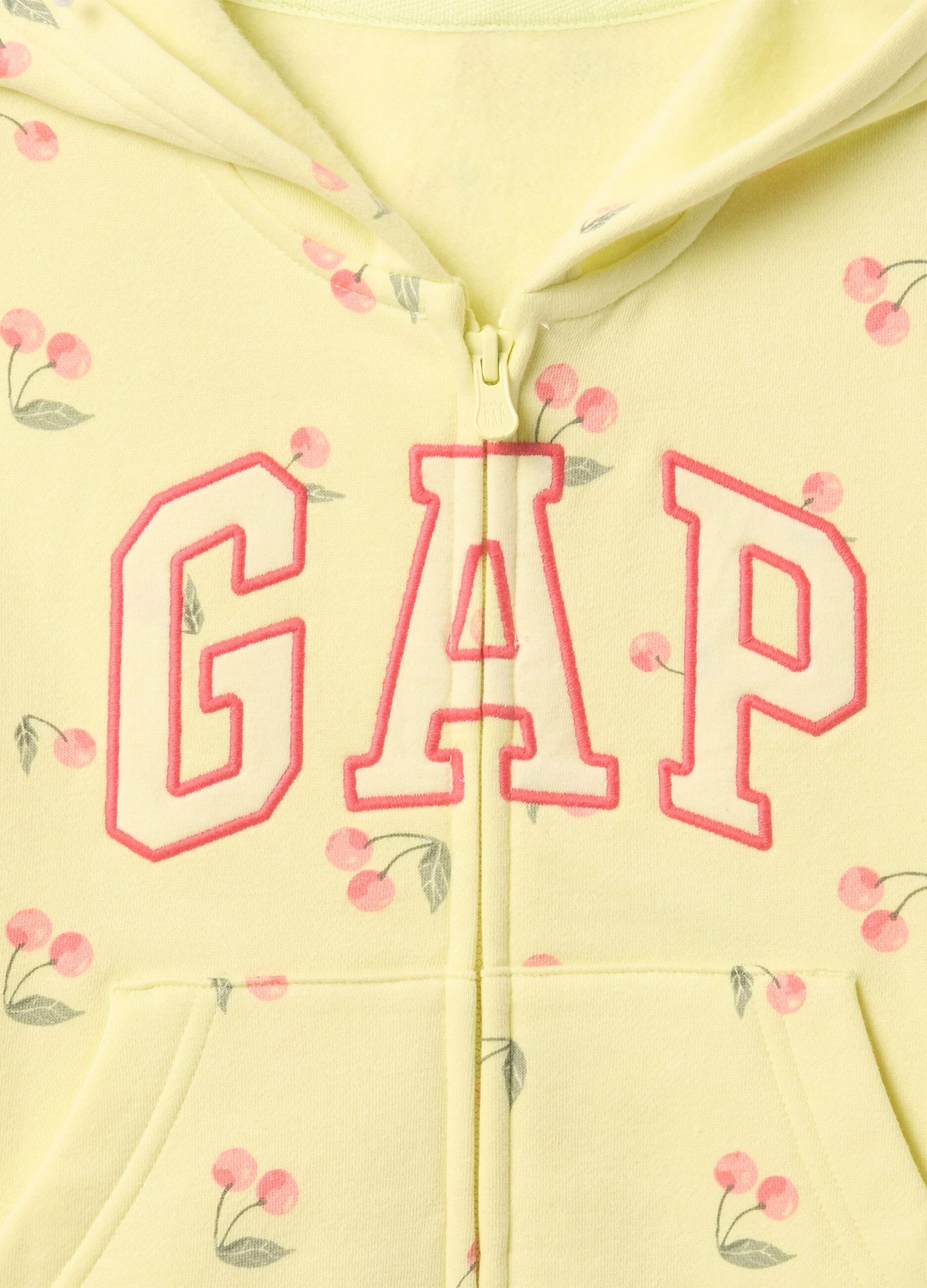 Yellow full-zip sweatshirt with hood, cherries print and logo embroidery