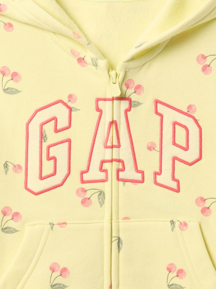 Yellow full-zip sweatshirt with hood, cherries print and logo embroidery_2
