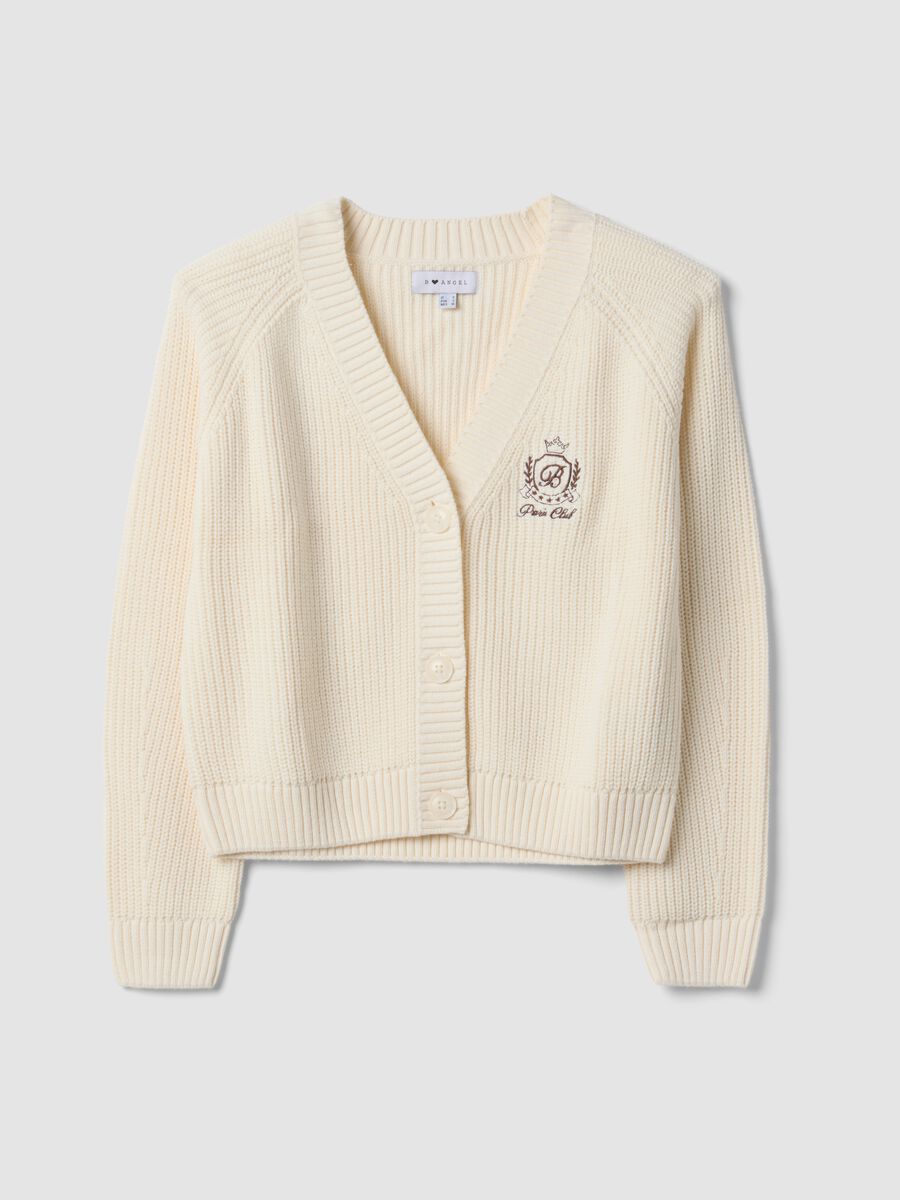 Beige cotton-blend fitted cardigan with deep V-neck_0