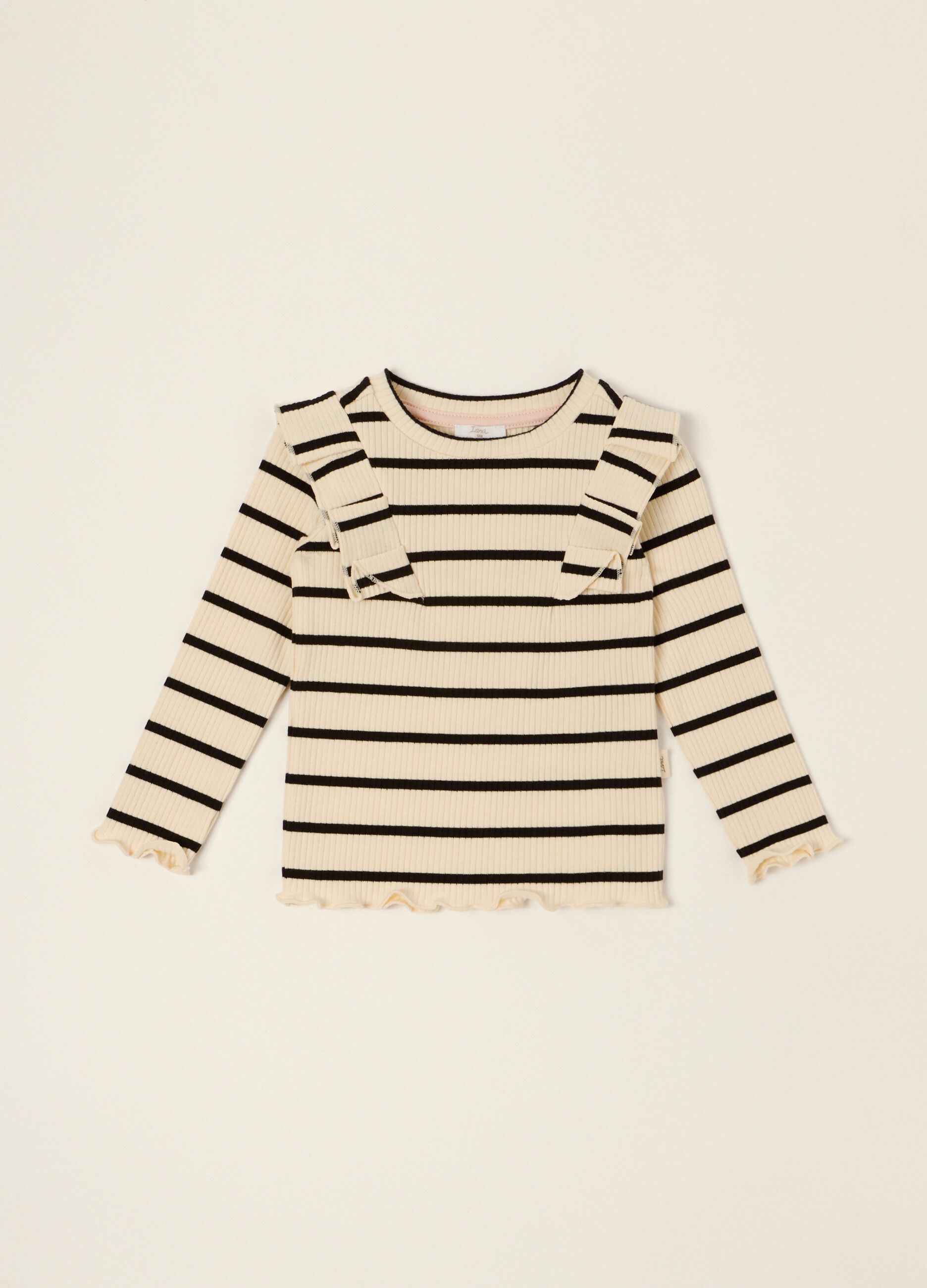Beige striped long-sleeve stretch cotton top for baby girls