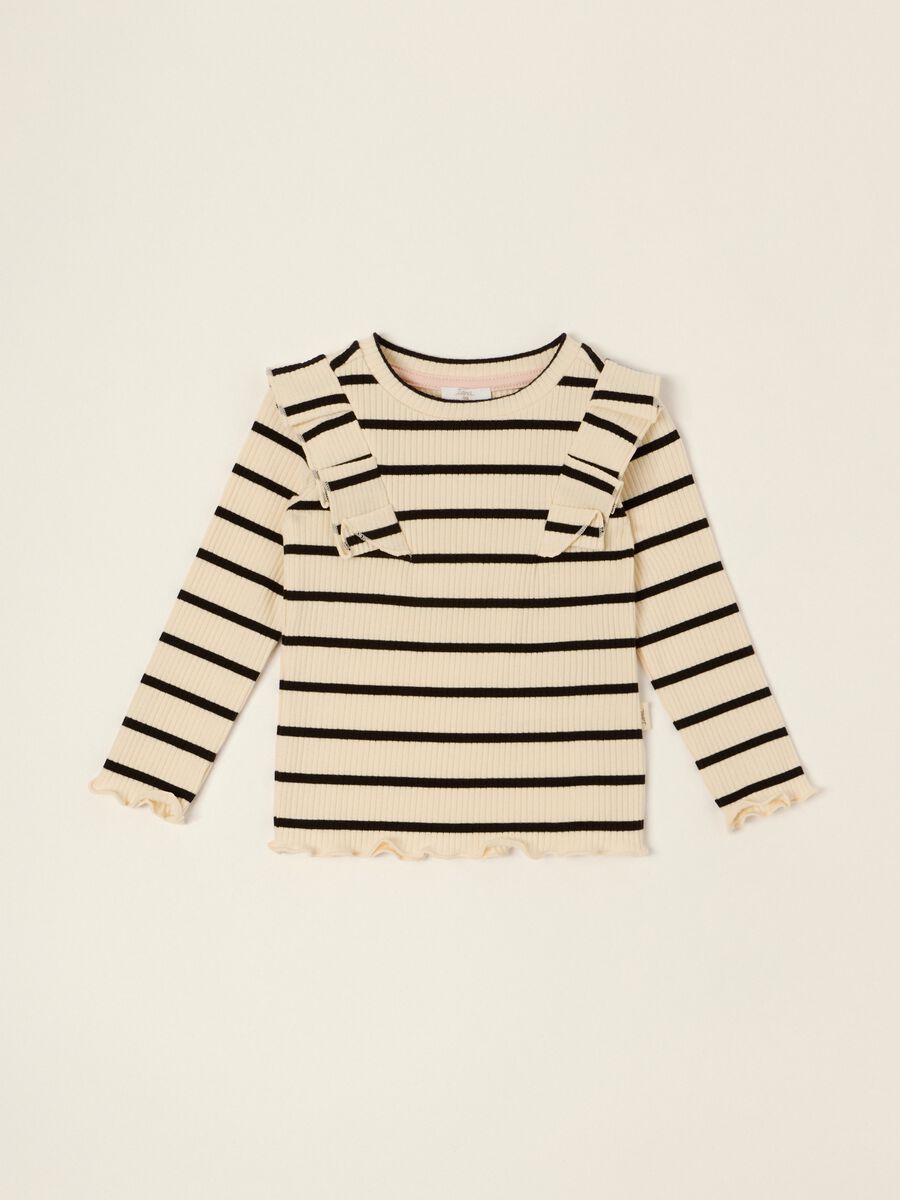 Beige striped long-sleeve stretch cotton top for baby girls_0