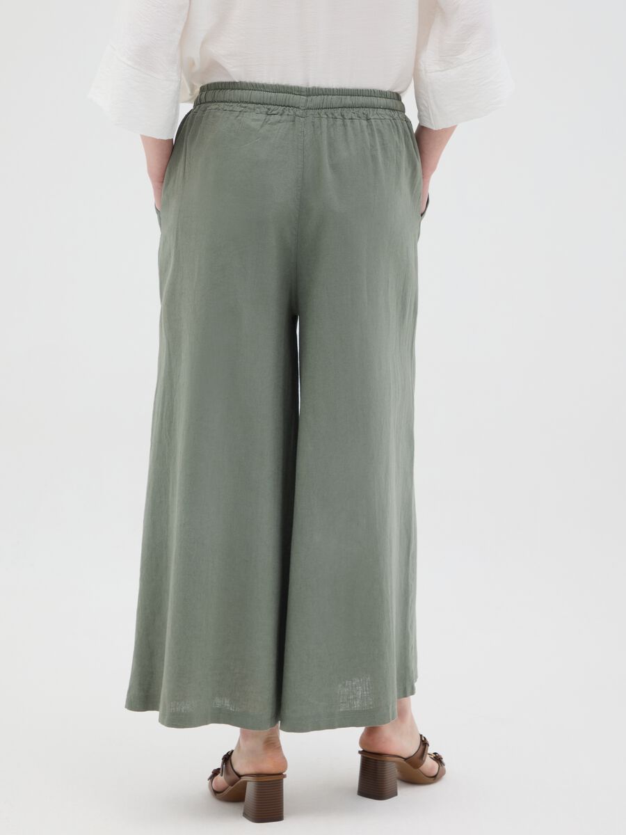 Women's green regular fit palazzo trousers in cotton and linen blend_2