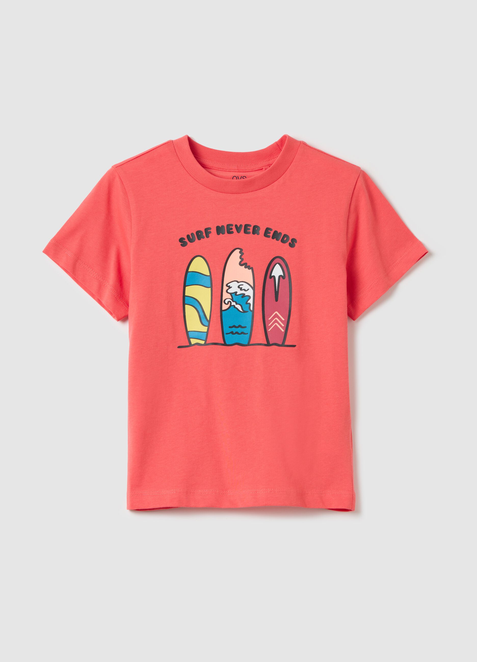 Pink cotton T-shirt with "Surf Never Ends" print