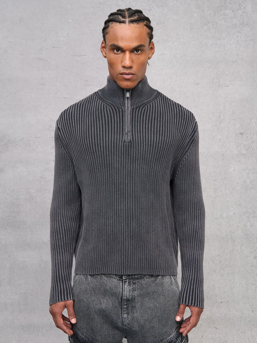 Half-Zip Ribbed Knit Vintage Grey_1