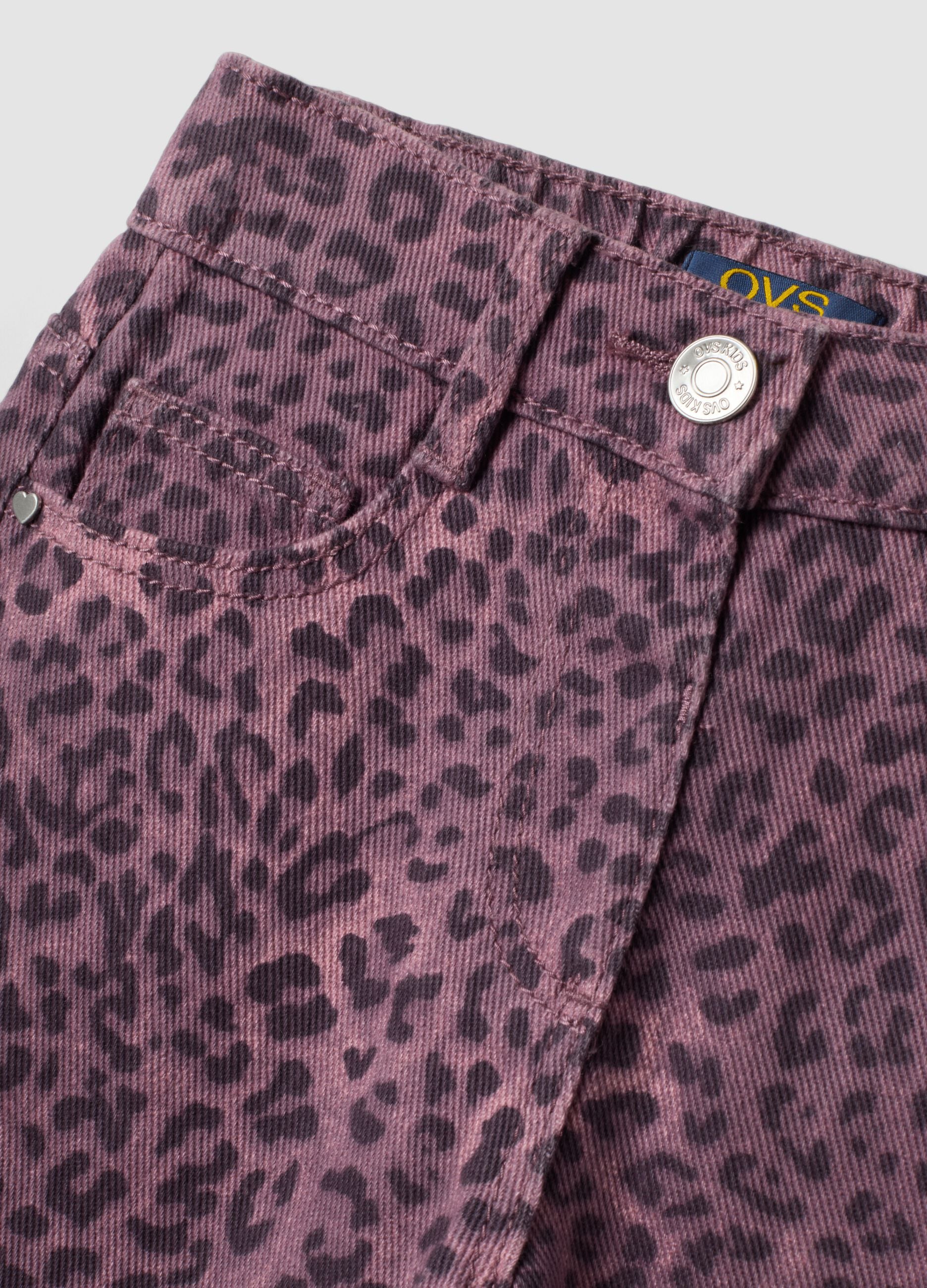 Pantaloni viola wide leg in puro cotone con fantasia animalier per bambina