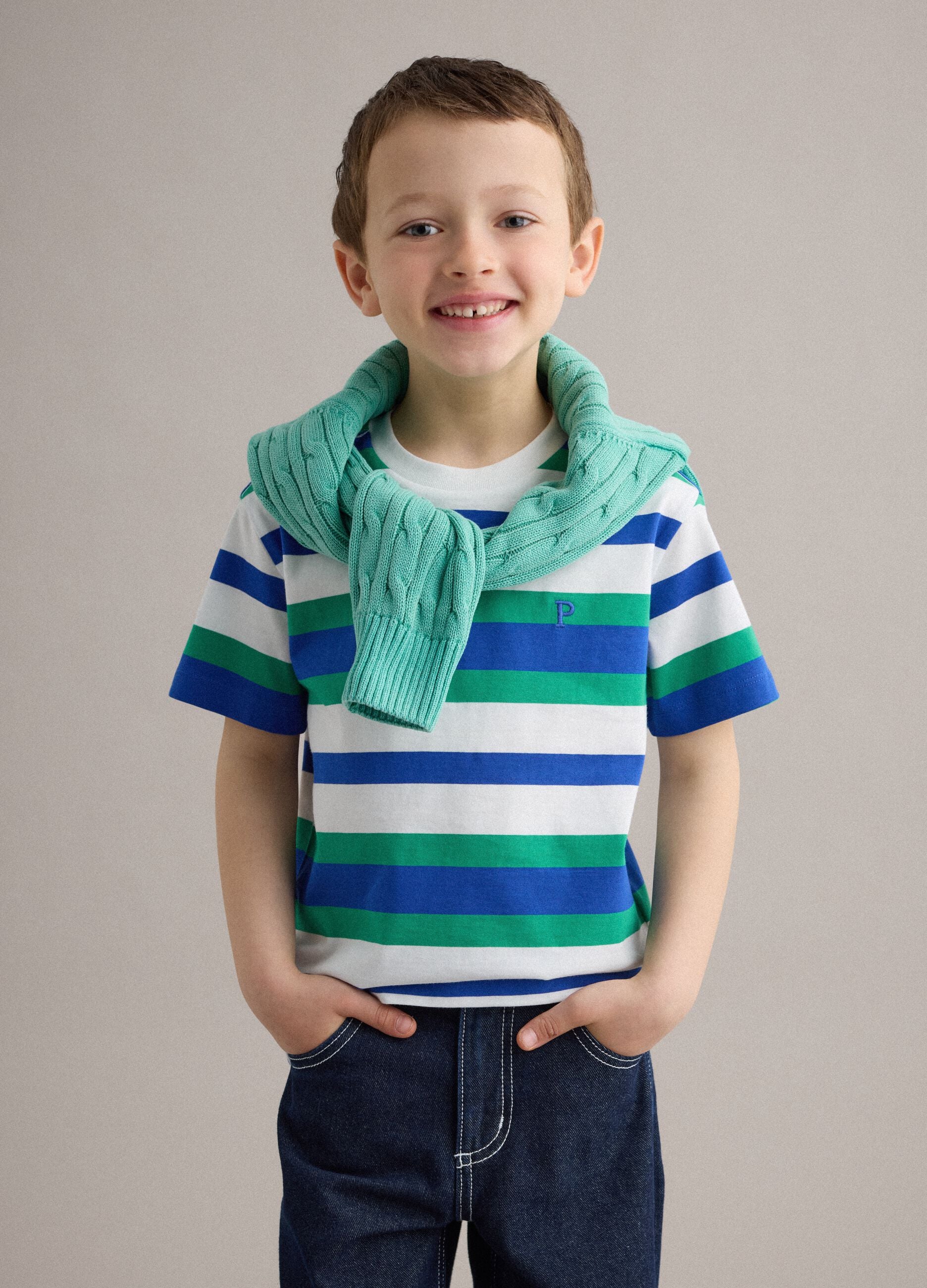 Boys&rsquo; pure cotton multicolour striped T-shirt, regular fit