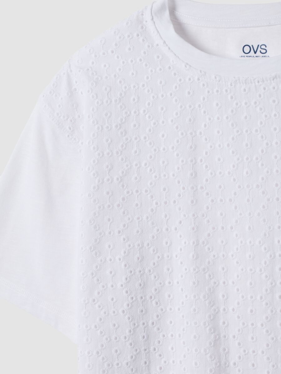 White short-sleeved pure cotton T-shirt with broderie anglaise embroidery_1