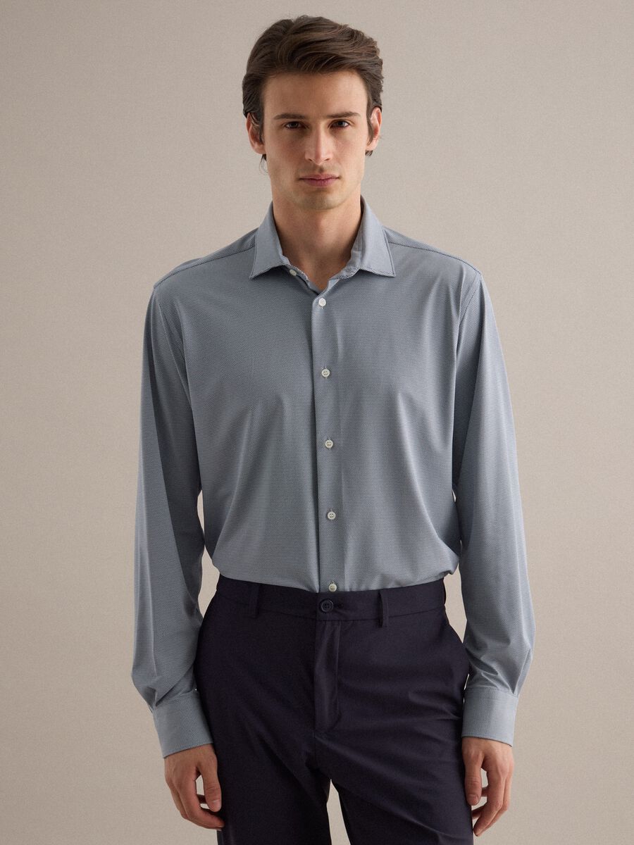 Blue Slim Fit Shirt with Buttons and Traditional Collar_0