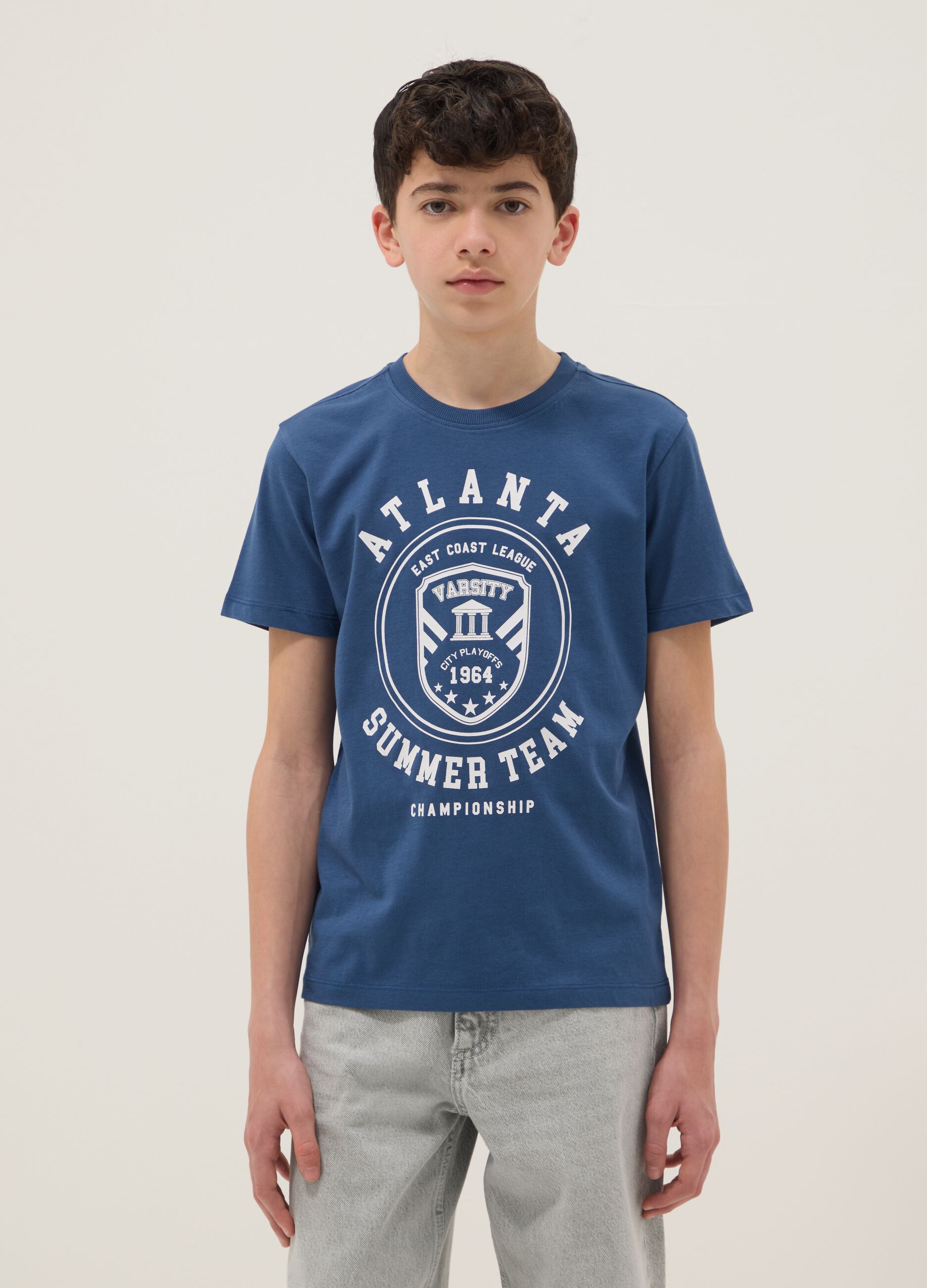 Boys' regular fit pure cotton blue t-shirt with print