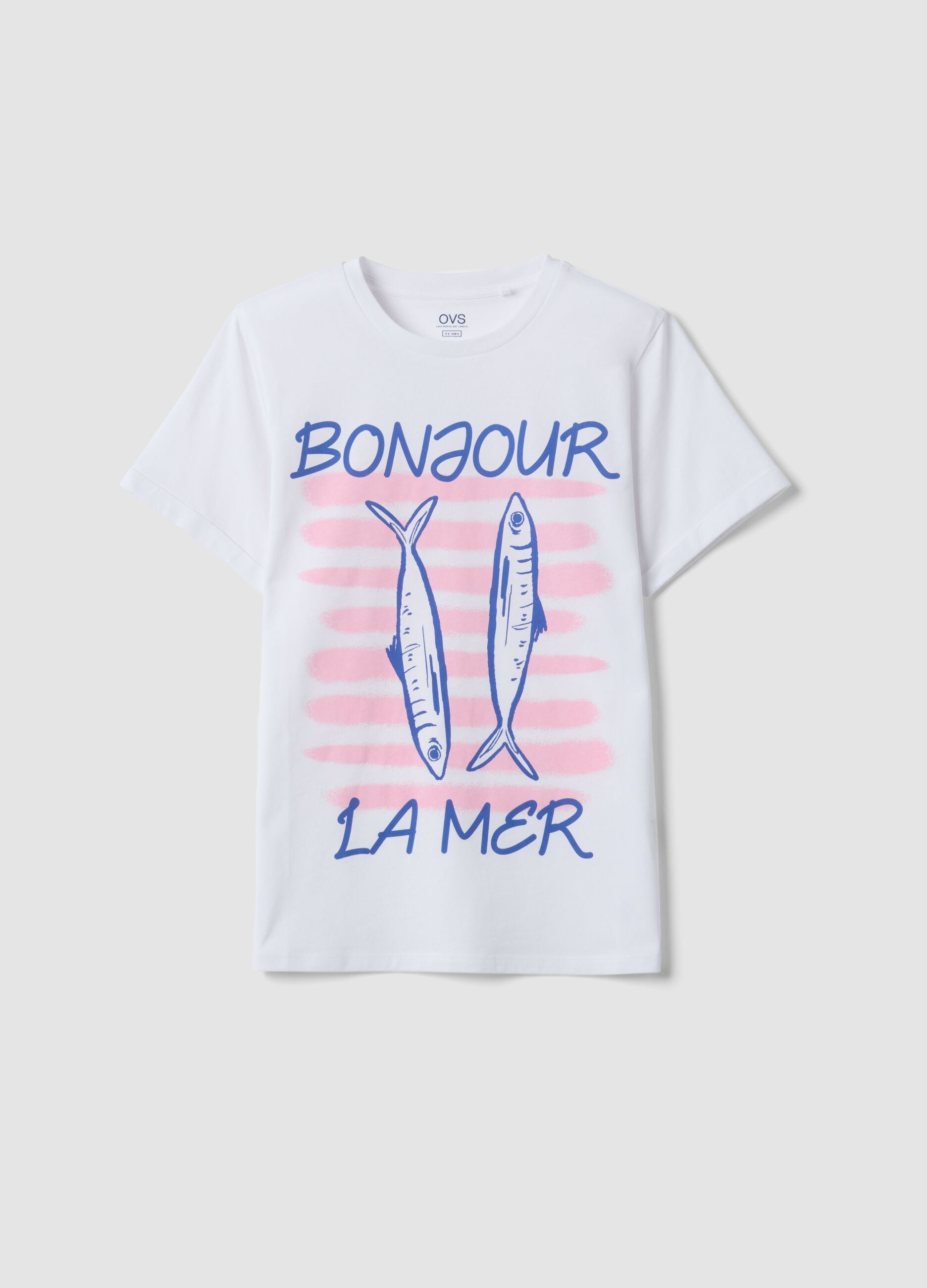 White pure cotton T-shirt with front print, regular fit