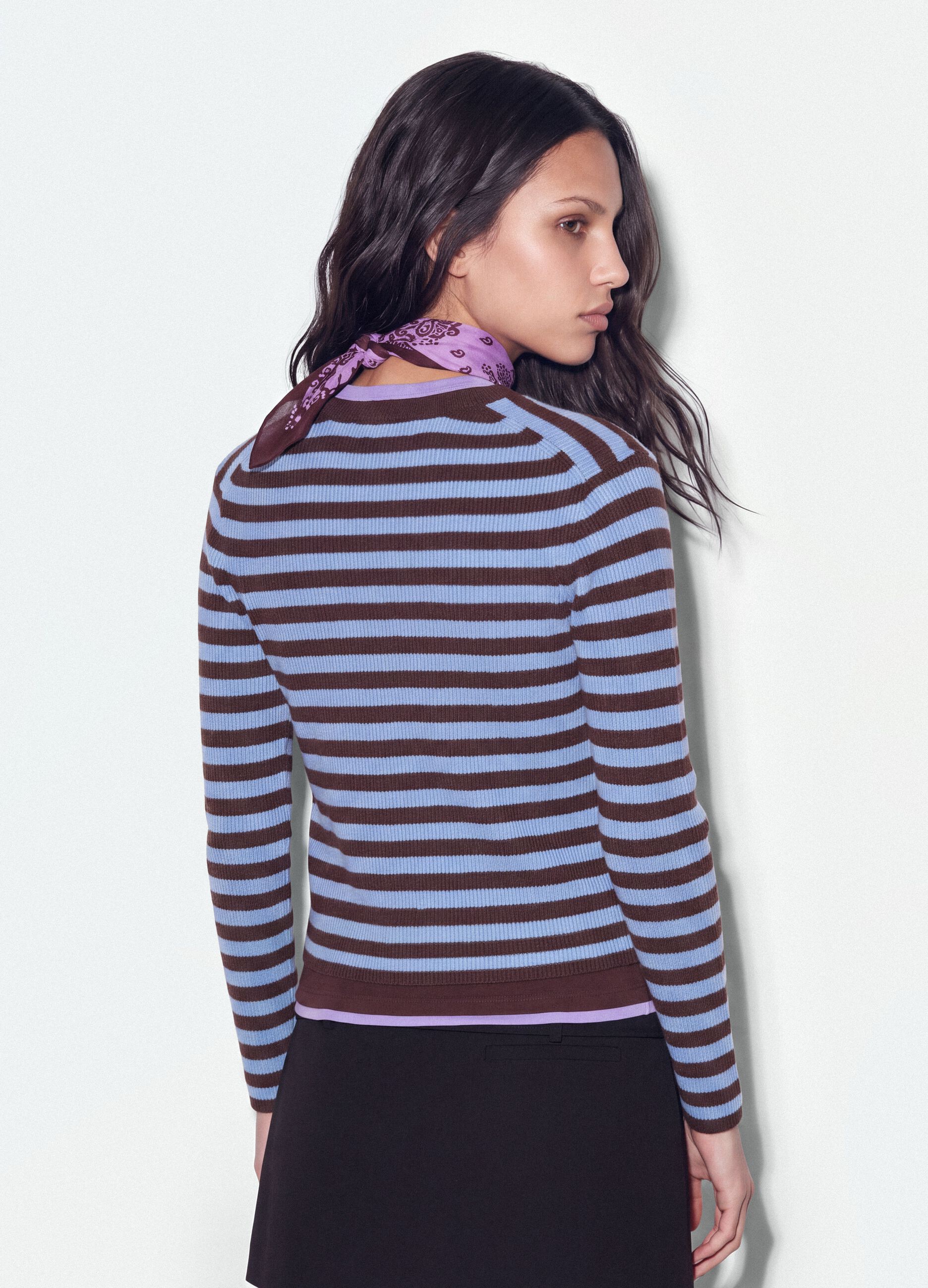 Cardigan azzurro girocollo in misto lyocell e lana a righe over fit