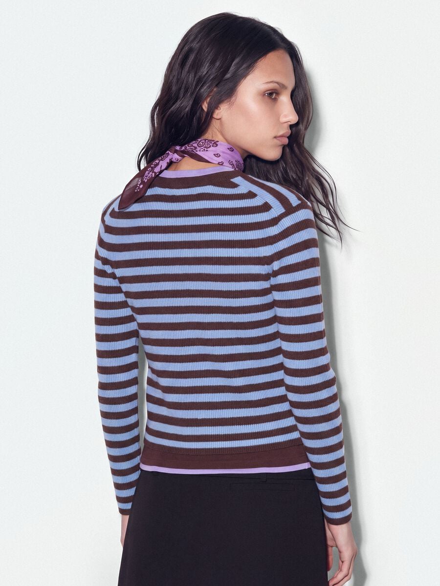 Cardigan azzurro girocollo in misto lyocell e lana a righe over fit_2