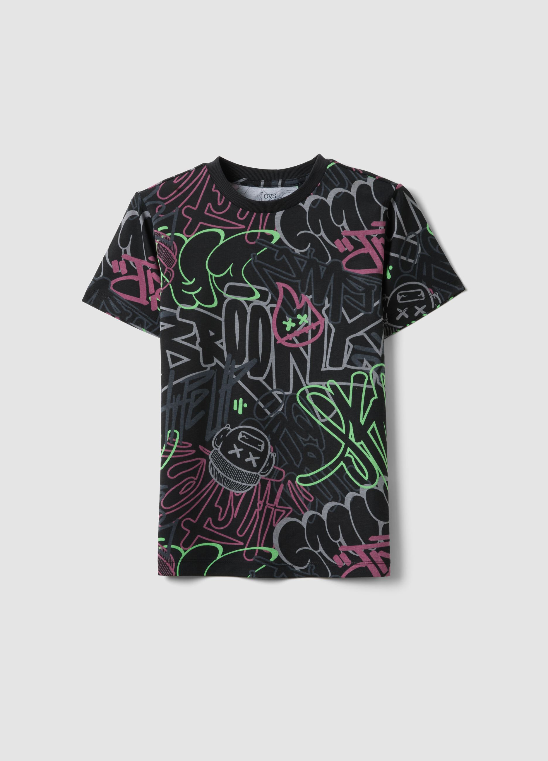Boys&rsquo; pure cotton multicolour graffiti T-shirt, regular fit
