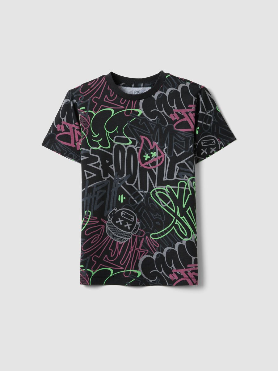 Boys&rsquo; pure cotton multicolour graffiti T-shirt, regular fit_0