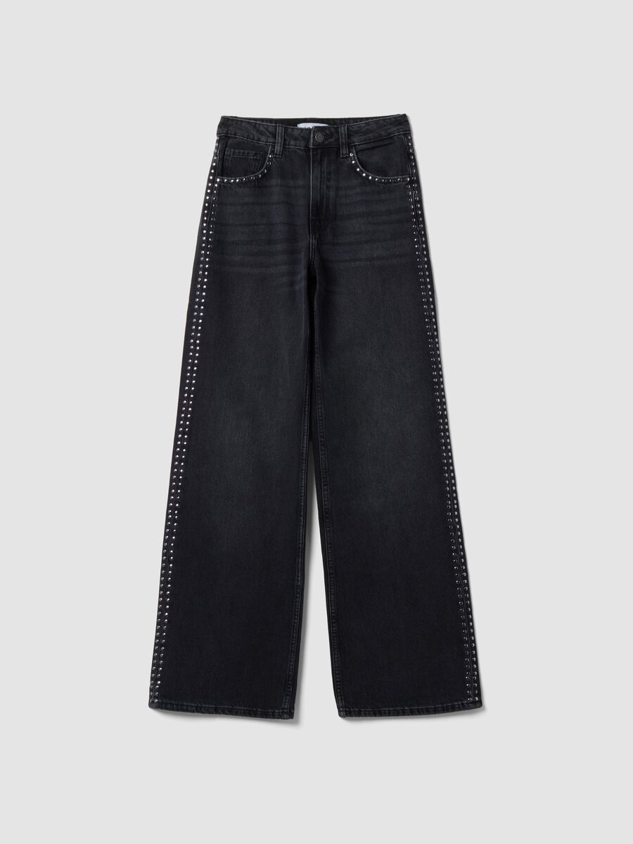 Black pure cotton wide-leg jeans with studs_0