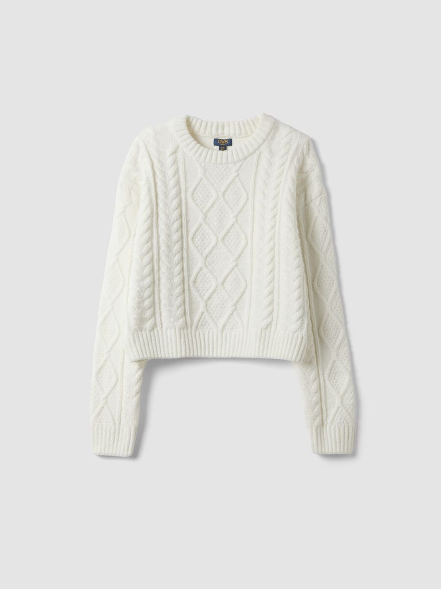 Maglione bianco girocollo in maglia lavorata_0