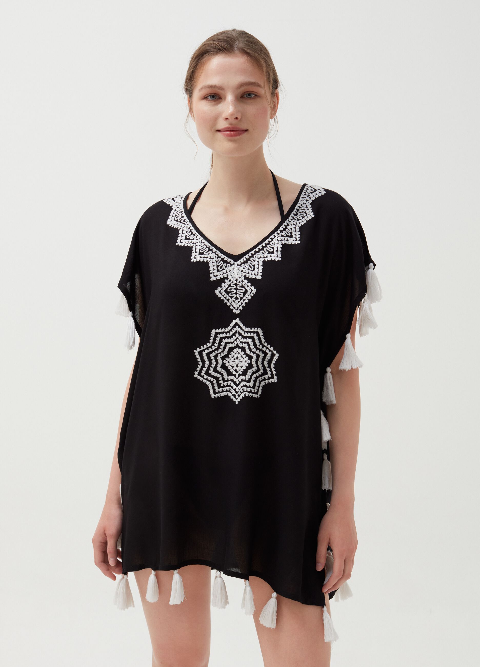 Beach cover-up poncho with embroidery