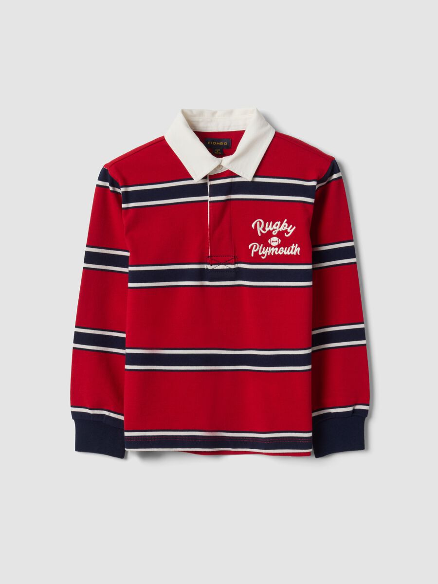 Polo rugby rossa in puro cotone a righe regular fit per bambino_0