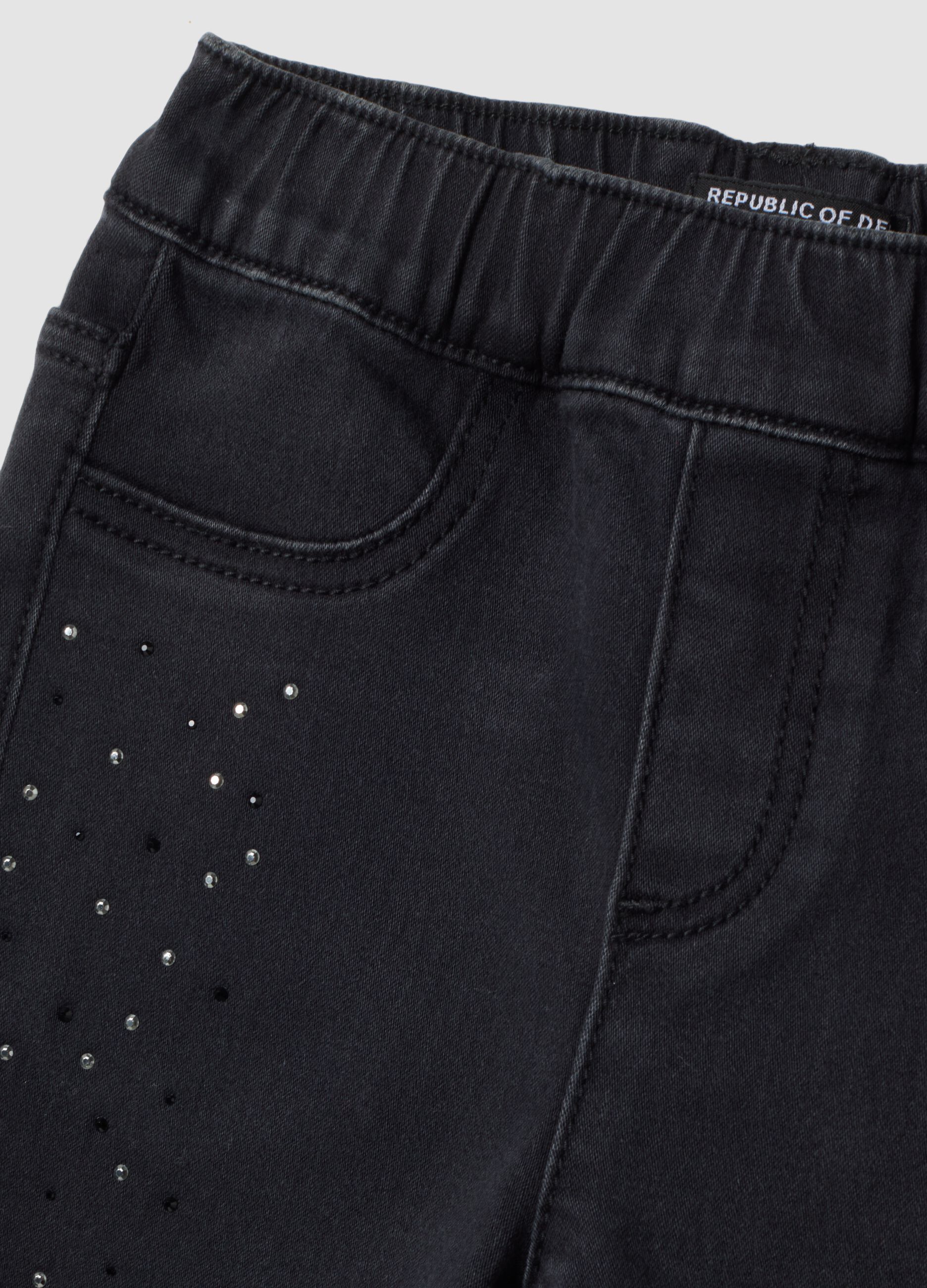 Black flared stretch cotton jeggings with rhinestones for girls