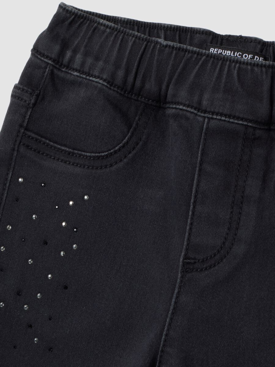 Black flared stretch cotton jeggings with rhinestones for girls_2