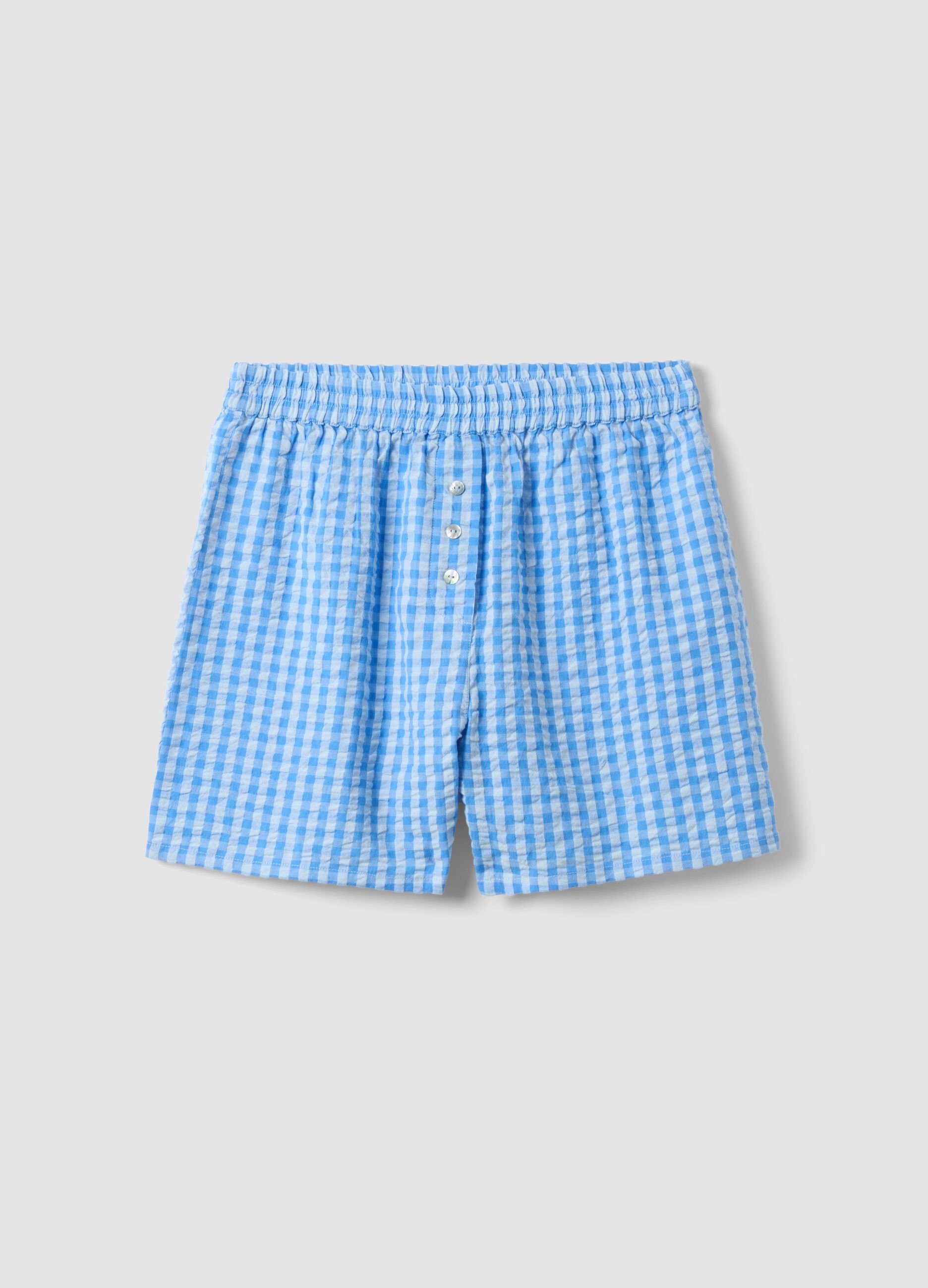 Regular-fit pure cotton checked pyjama shorts in white and light blue