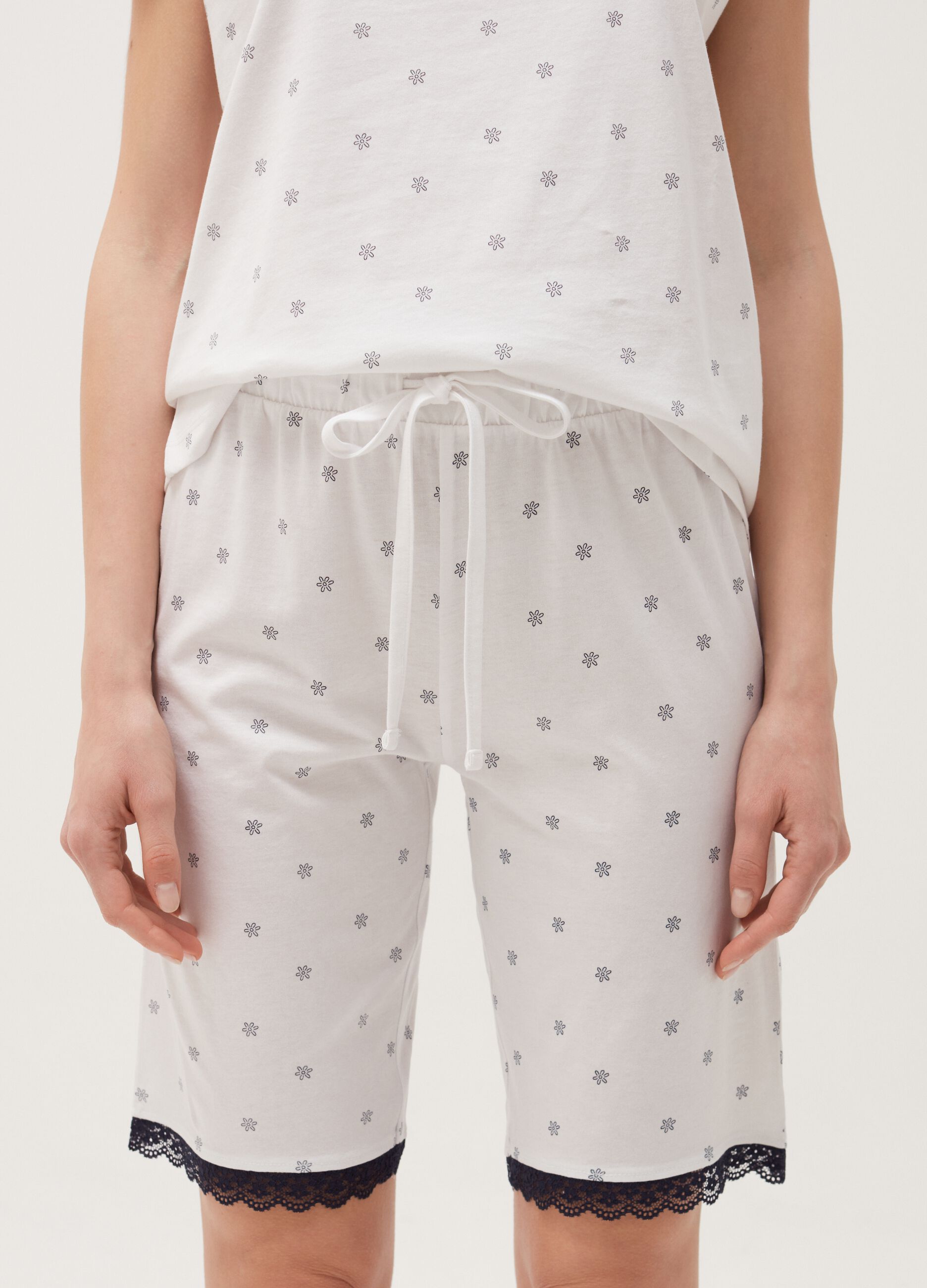 Shorts pigiama in cotone con profilo in pizzo