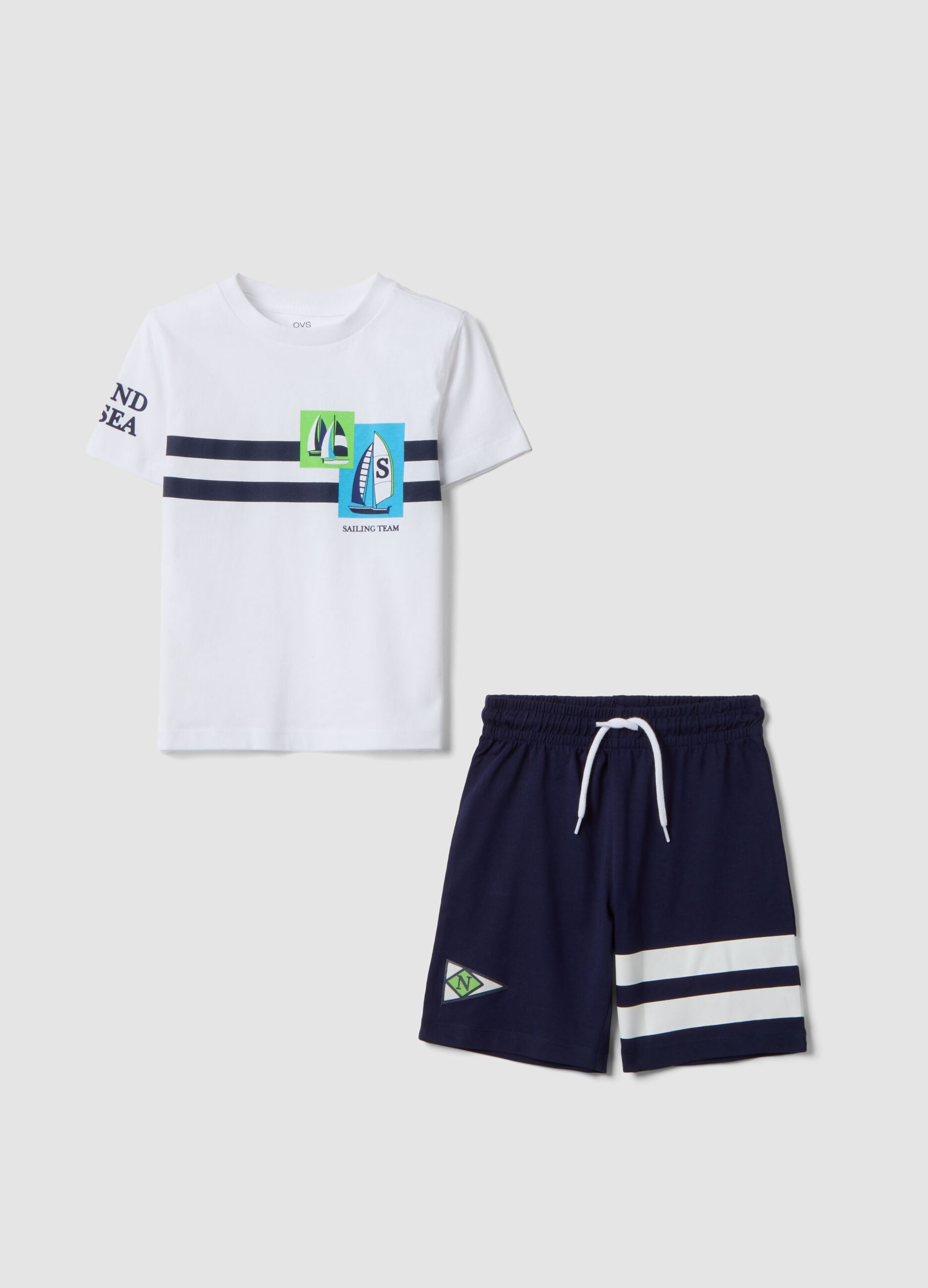 White and blue pure cotton set with T-shirt and shorts