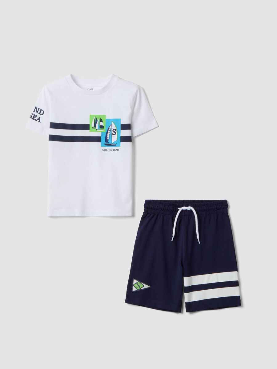 White and blue pure cotton set with T-shirt and shorts_0