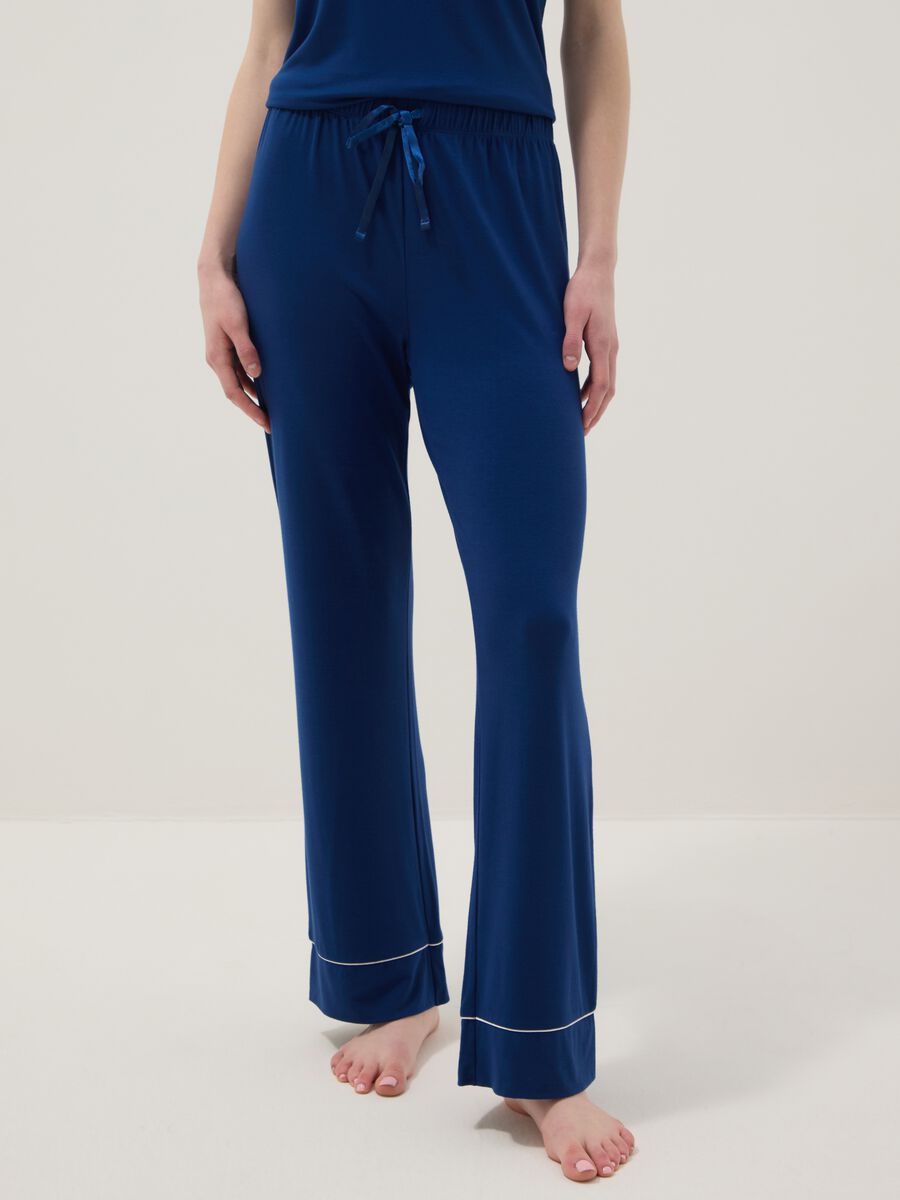 Blue regular fit stretch viscose blend pyjama trousers_1