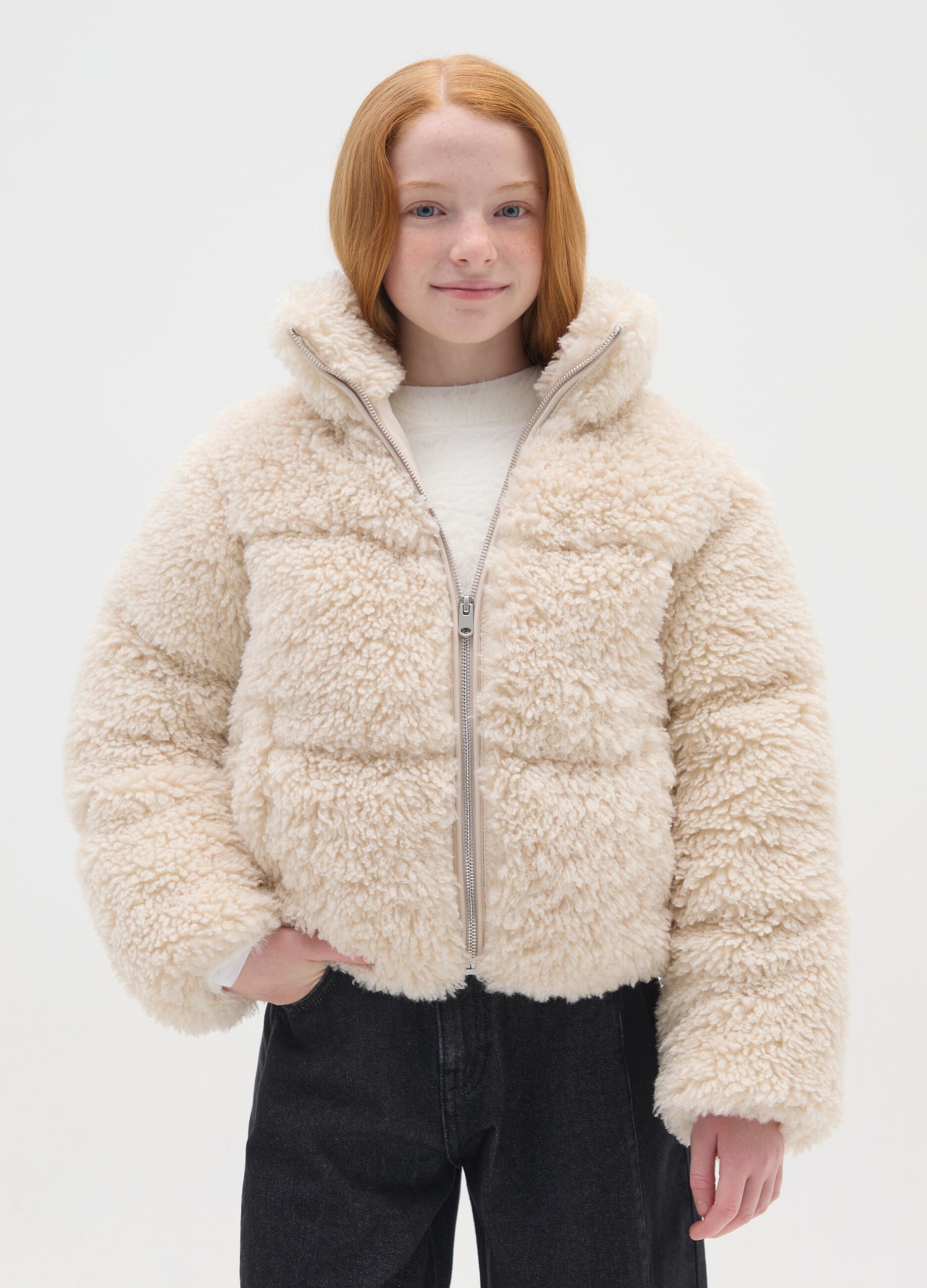 Regular fit beige girl's jacket with zip