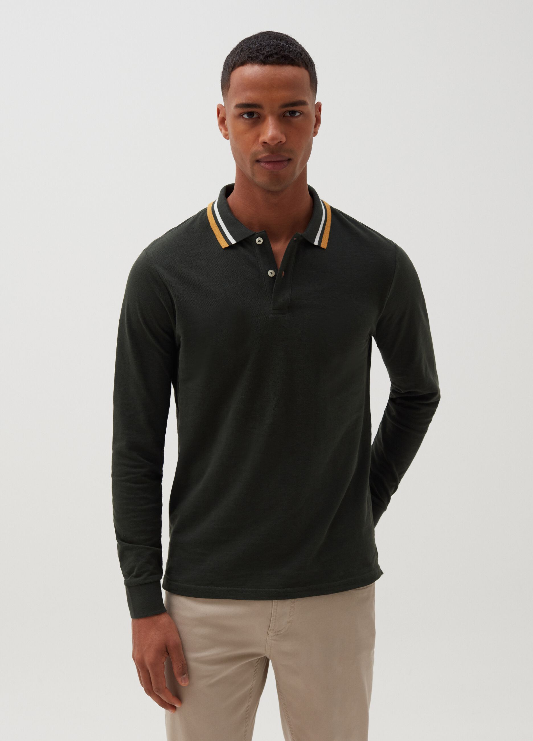 Jersey polo shirt with striped collar