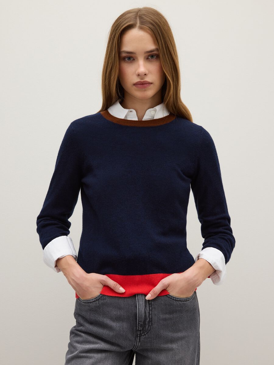 Pure Blue Wool Jumper with Contrast Cuffs_0
