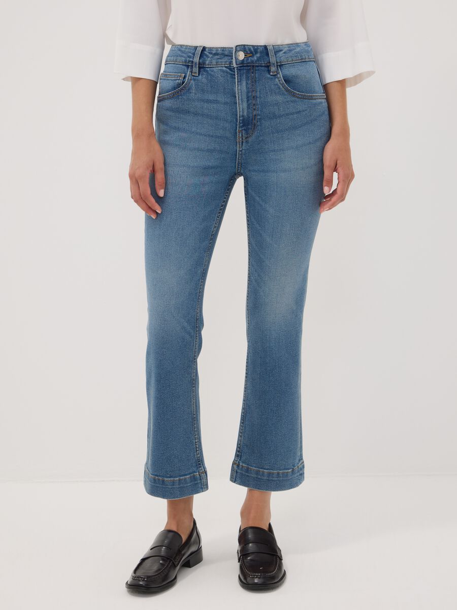Light blue cropped slim-fit stretch denim jeans in cotton and viscose_1