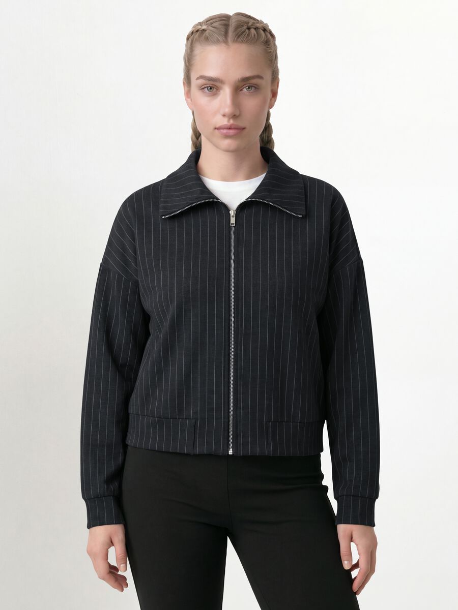 Felpa full zip grigia in viscosa elasticizzata a righe con colletto_1