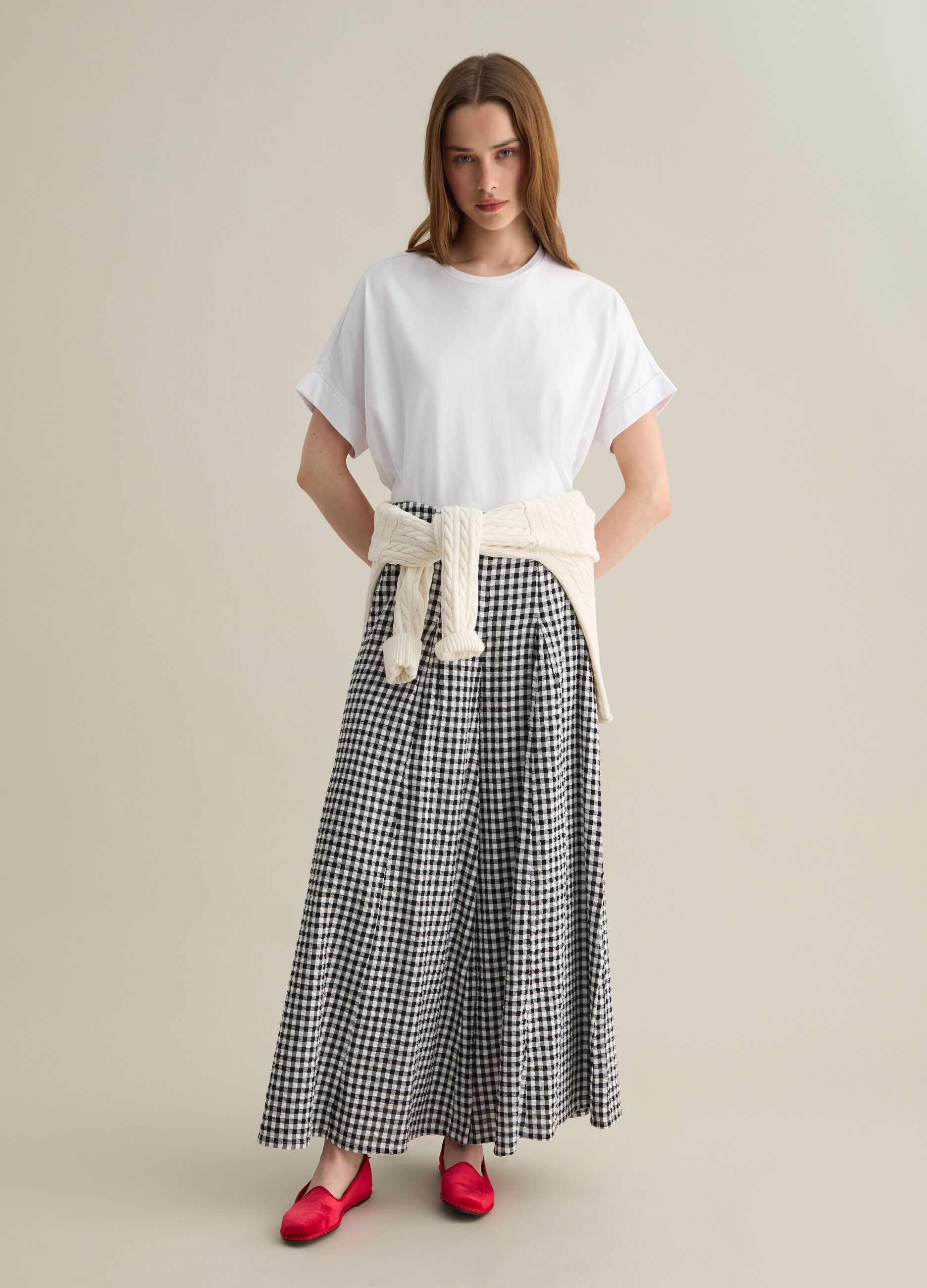 Pantaloni da donna in cotone e viscosa multicolor flare con cintura elastica