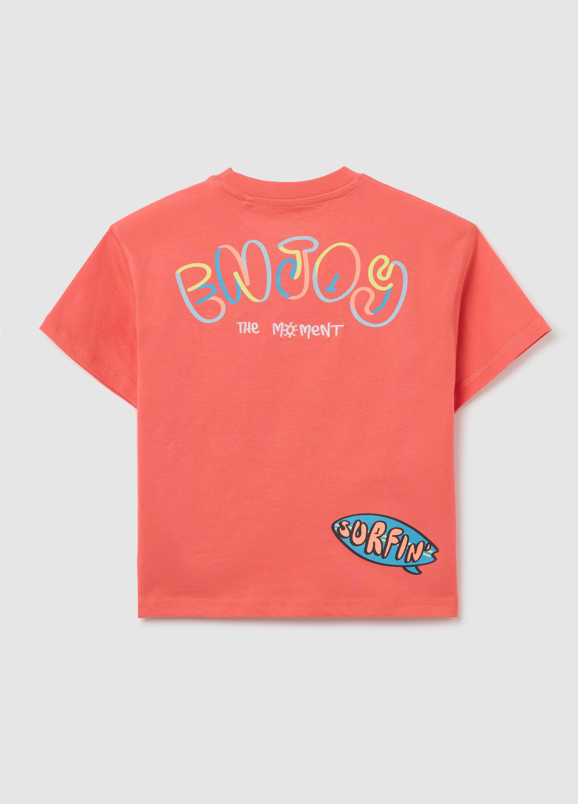 Pink T-shirt in cotton with sun surfer print and embroidery