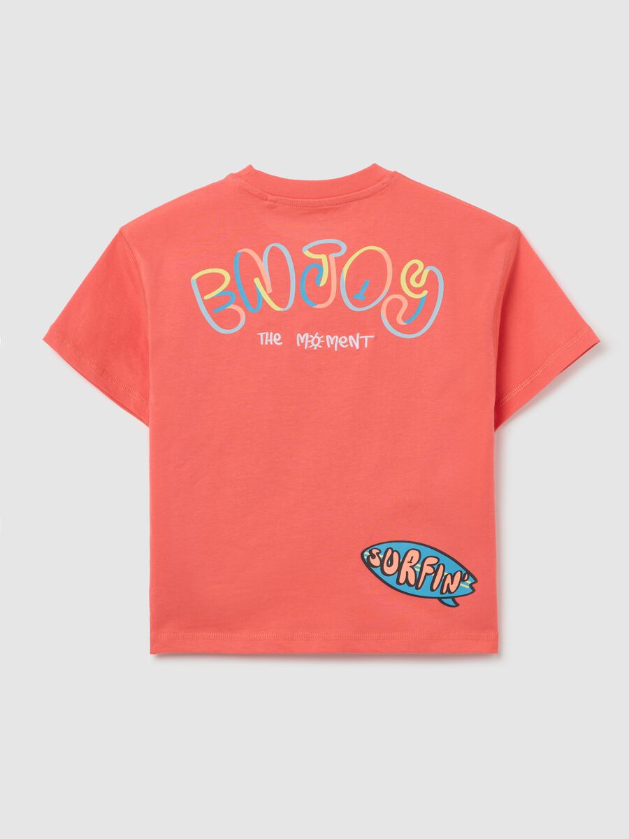 Pink T-shirt in cotton with sun surfer print and embroidery_1
