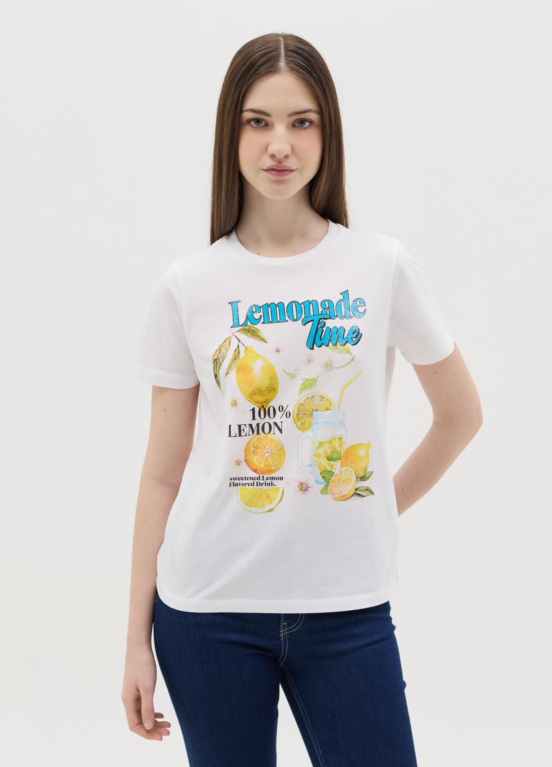 T-shirt da donna in puro cotone bianca regular fit con stampa