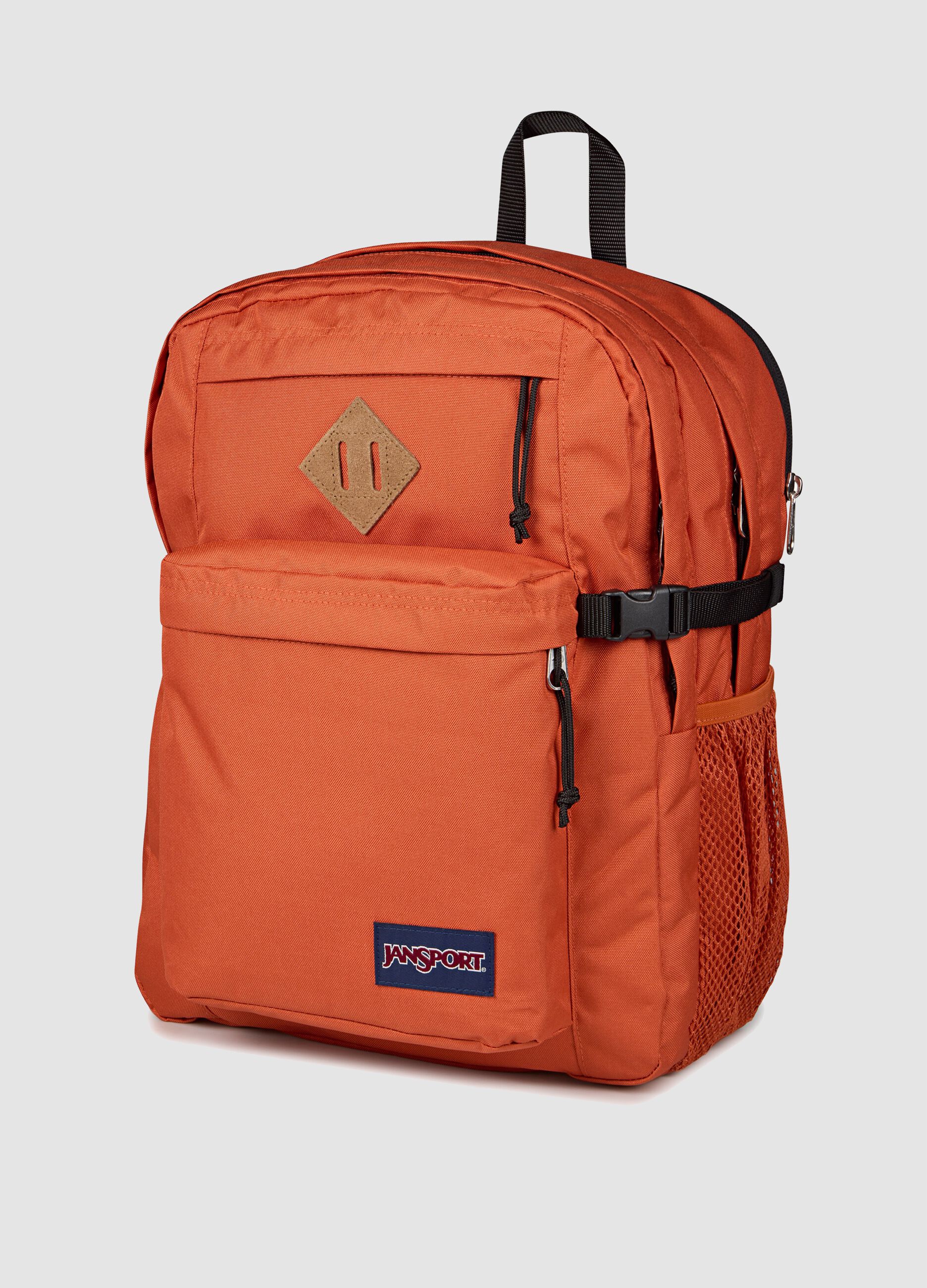 Orange backpack with front pocket and adjustable shoulder straps