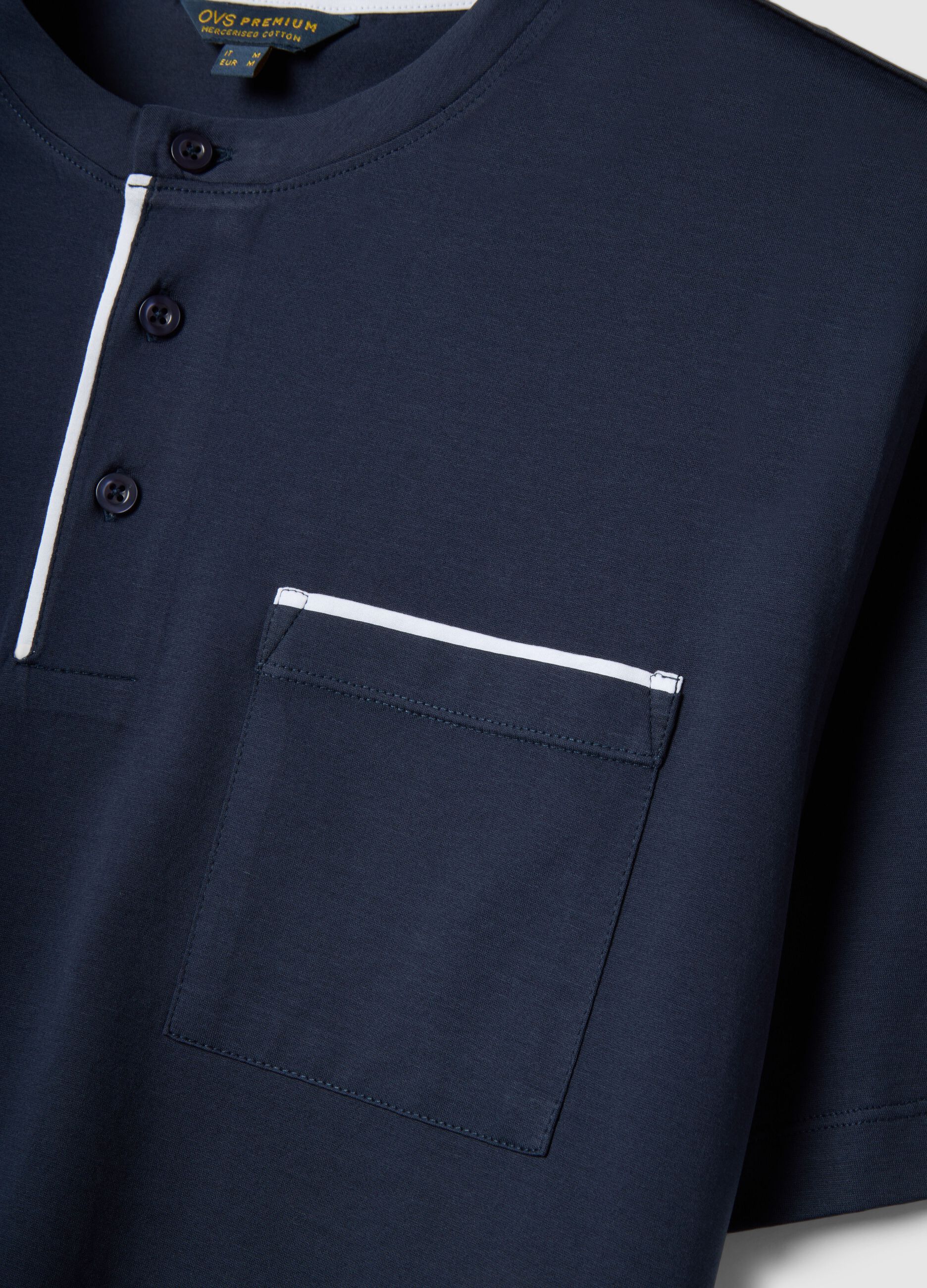 Regular fit short blue cotton pyjamas with Henley collar